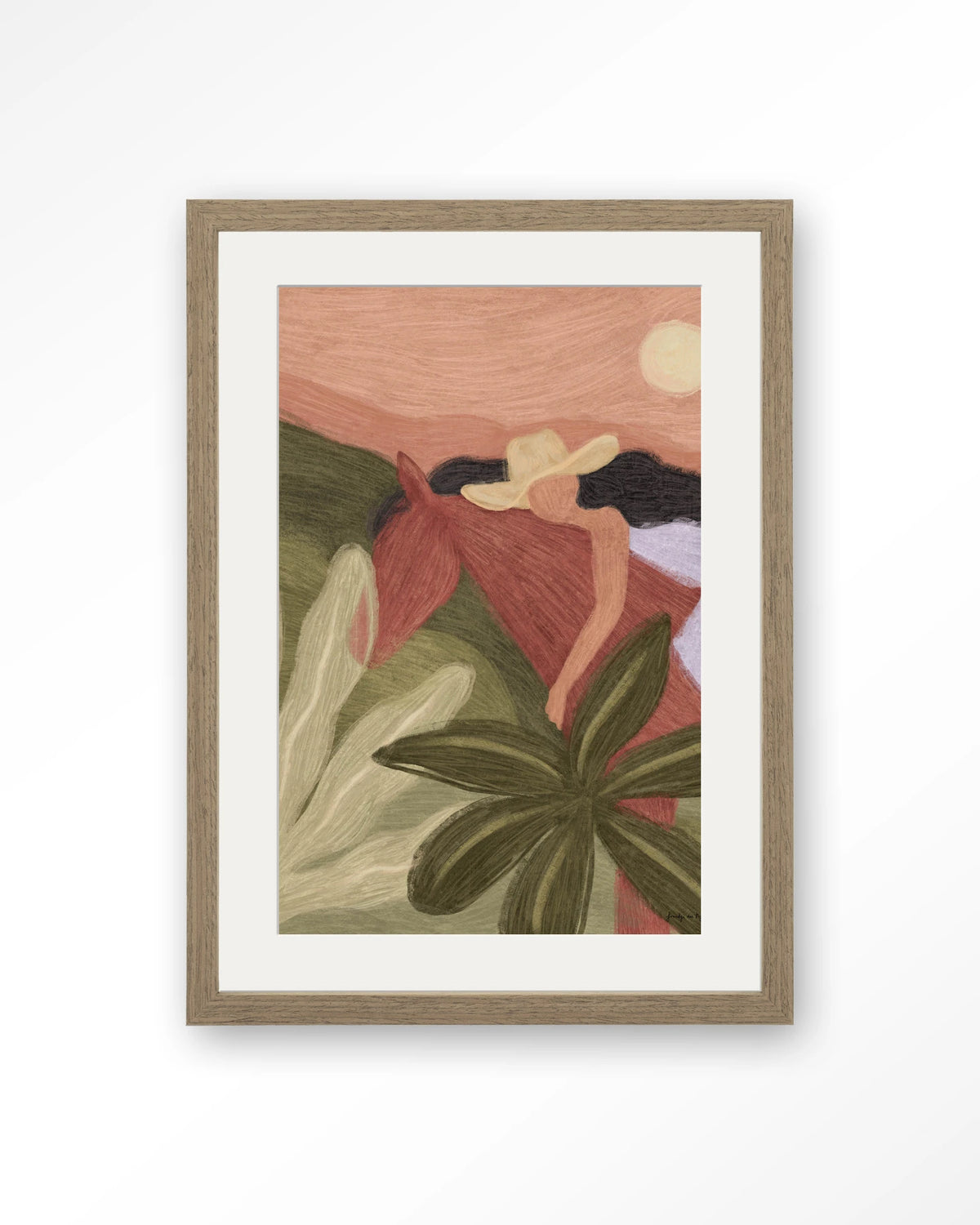 Horse Sunset – paard en vrouw in groen en roze – Art print – Hout bruin + passe-partout