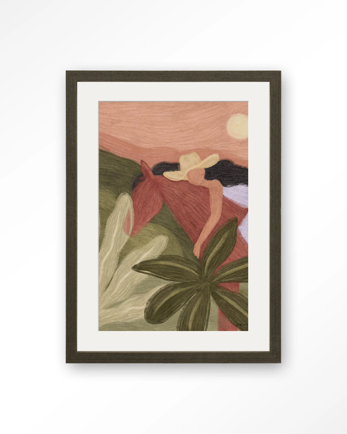 Horse Sunset – paard en vrouw in groen en roze – Art print – Hout donkerbruin + passe-partout