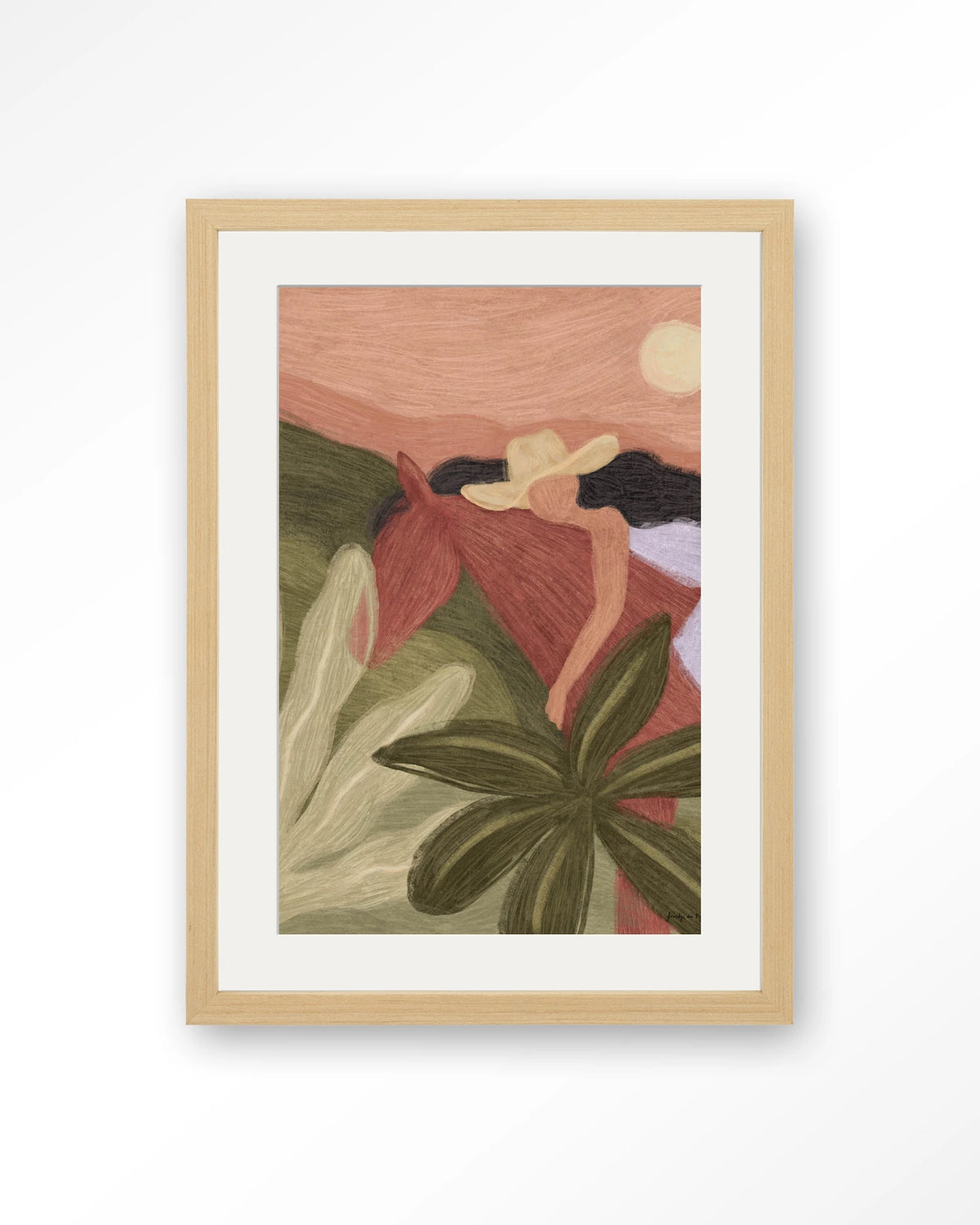 Horse Sunset – paard en vrouw in groen en roze – Art print – Hout naturel + passe-partout