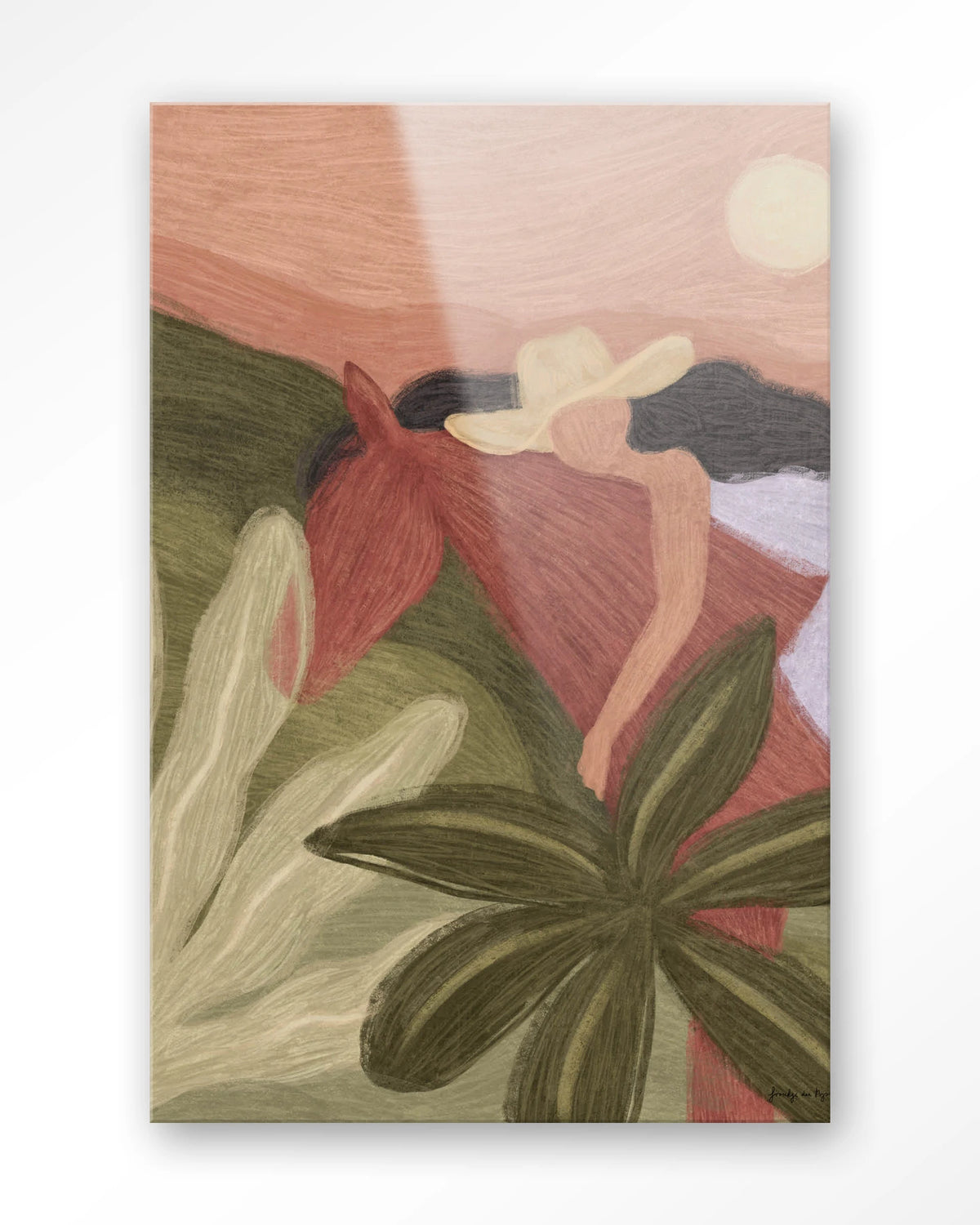 Horse Sunset – paard en vrouw in groen en roze – Glas – Blinde montage