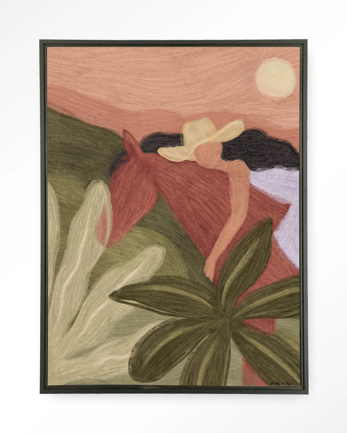 Horse Sunset – paard en vrouw in groen en roze – Wandkleed – Floating frame – zwart