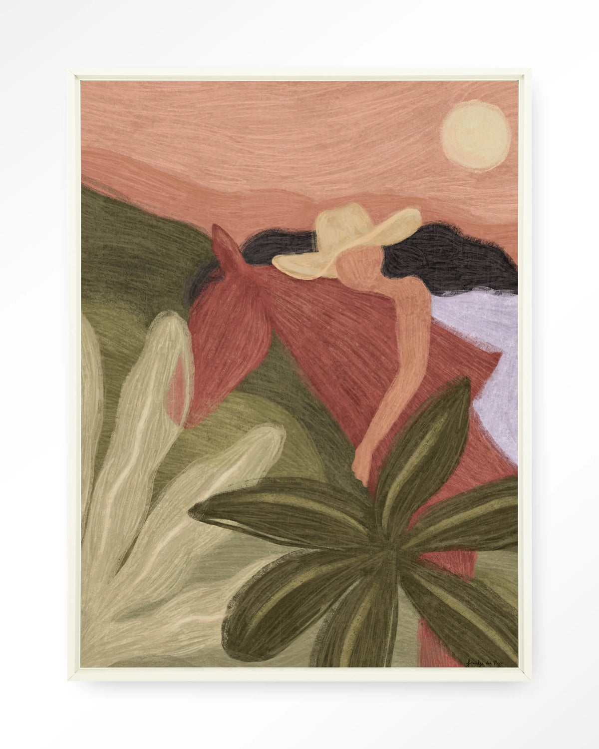Horse Sunset – paard en vrouw in groen en roze – Wandkleed – Floating frame – wit