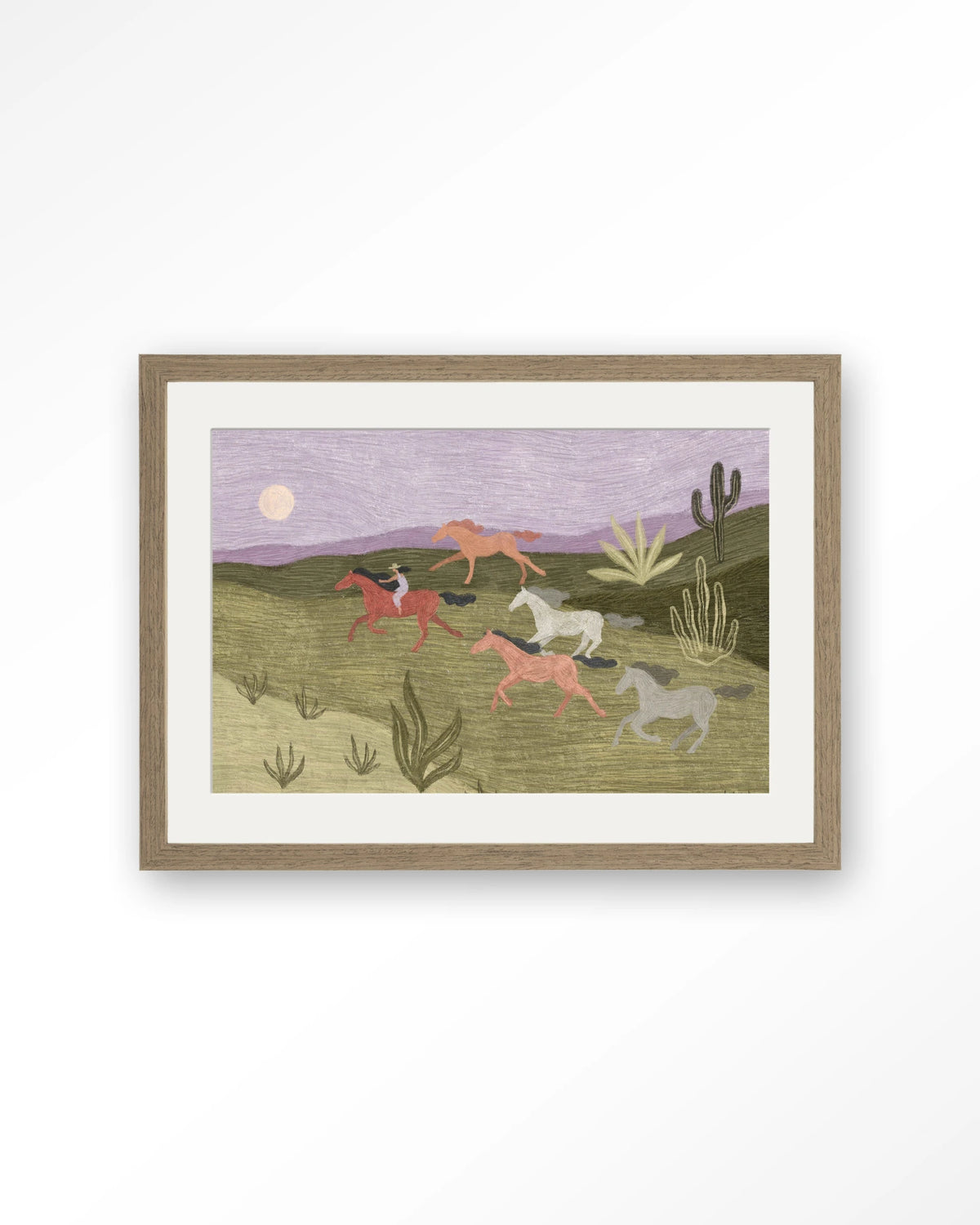 Running Horses – rennende paarden in woestijn – Art print – Hout bruin + passe-partout