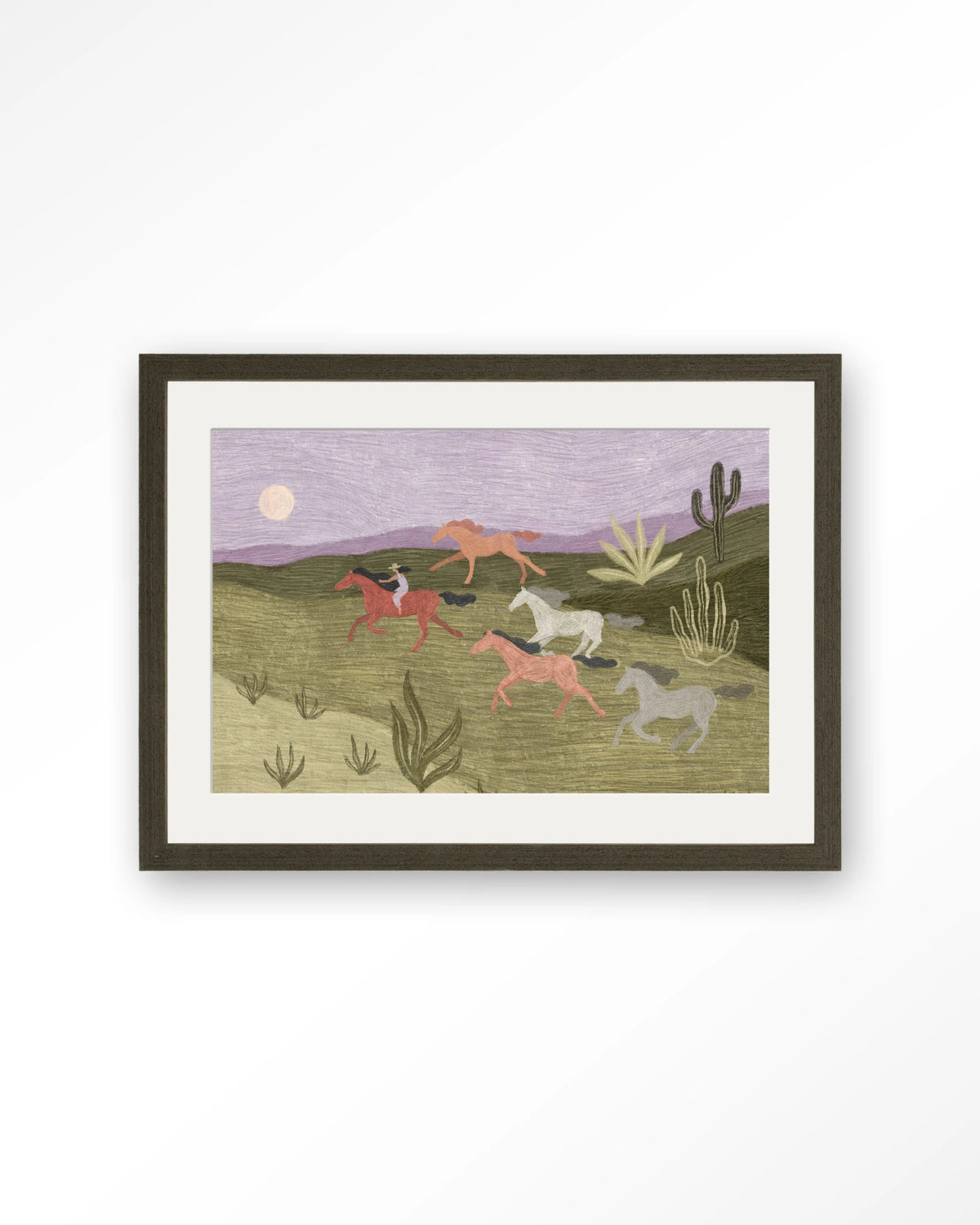 Running Horses – rennende paarden in woestijn – Art print – Hout donkerbruin + passe-partout