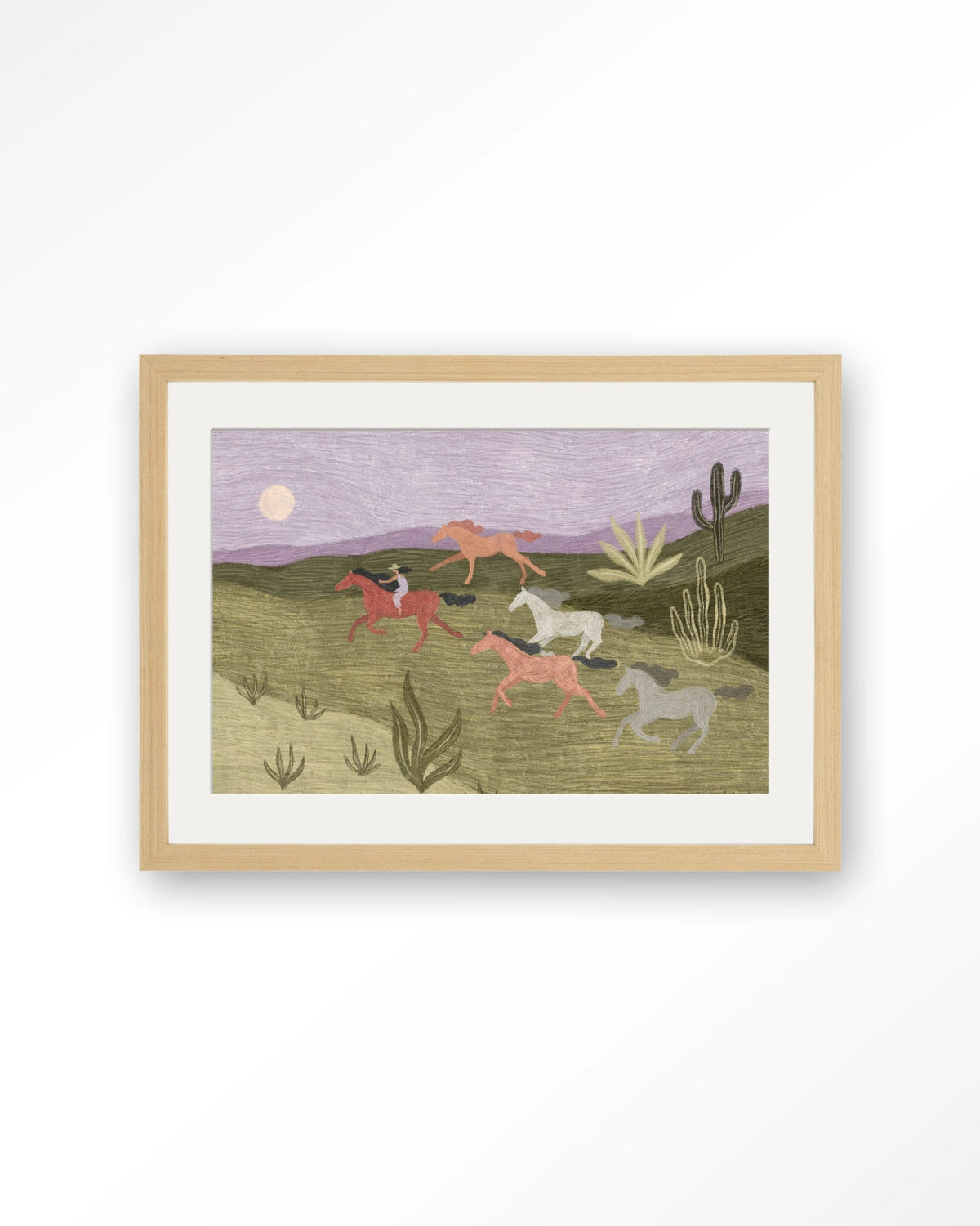 Running Horses – rennende paarden in woestijn – Art print – Hout naturel + passe-partout