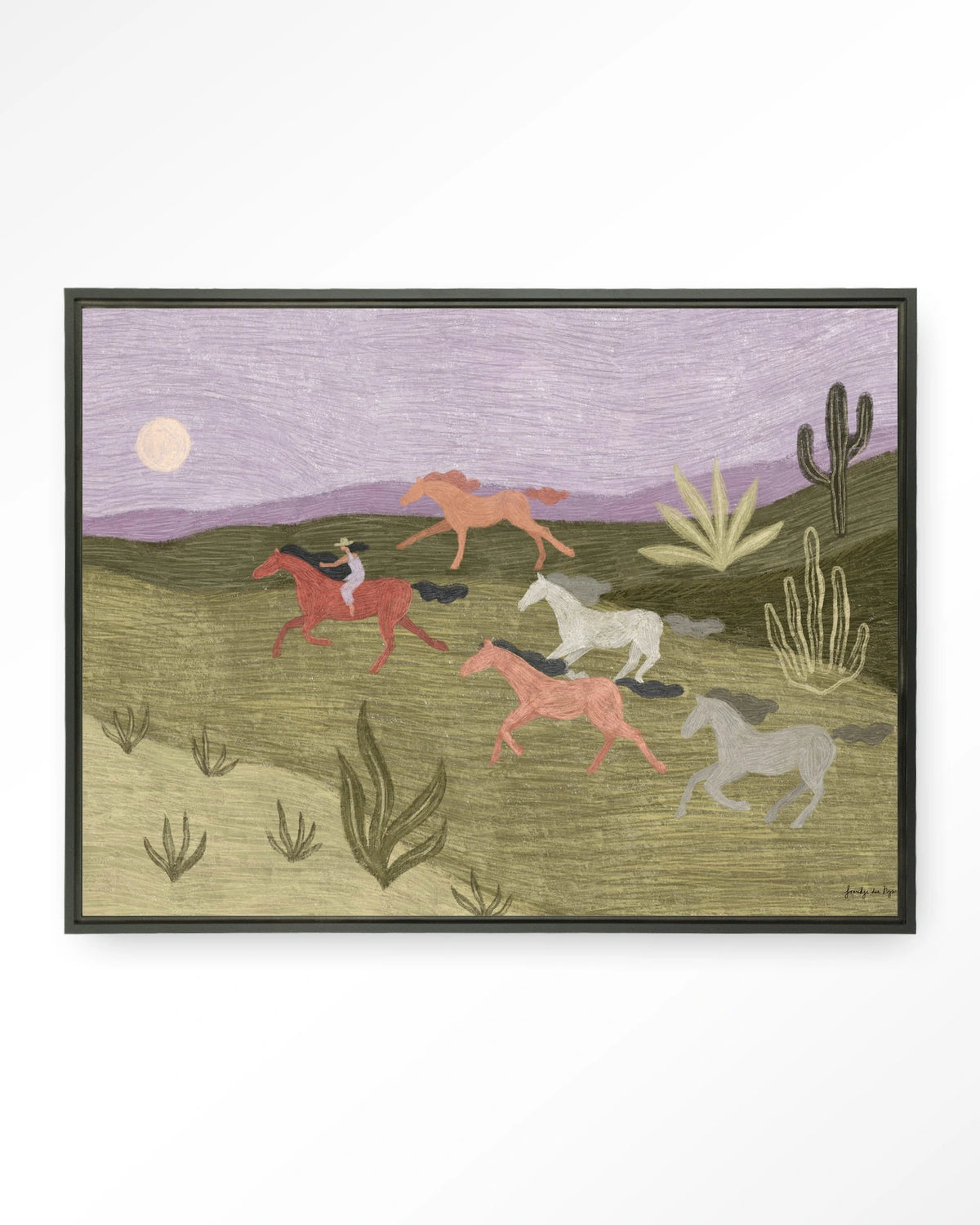 Running Horses – rennende paarden in woestijn – Wandkleed – Floating frame – zwart