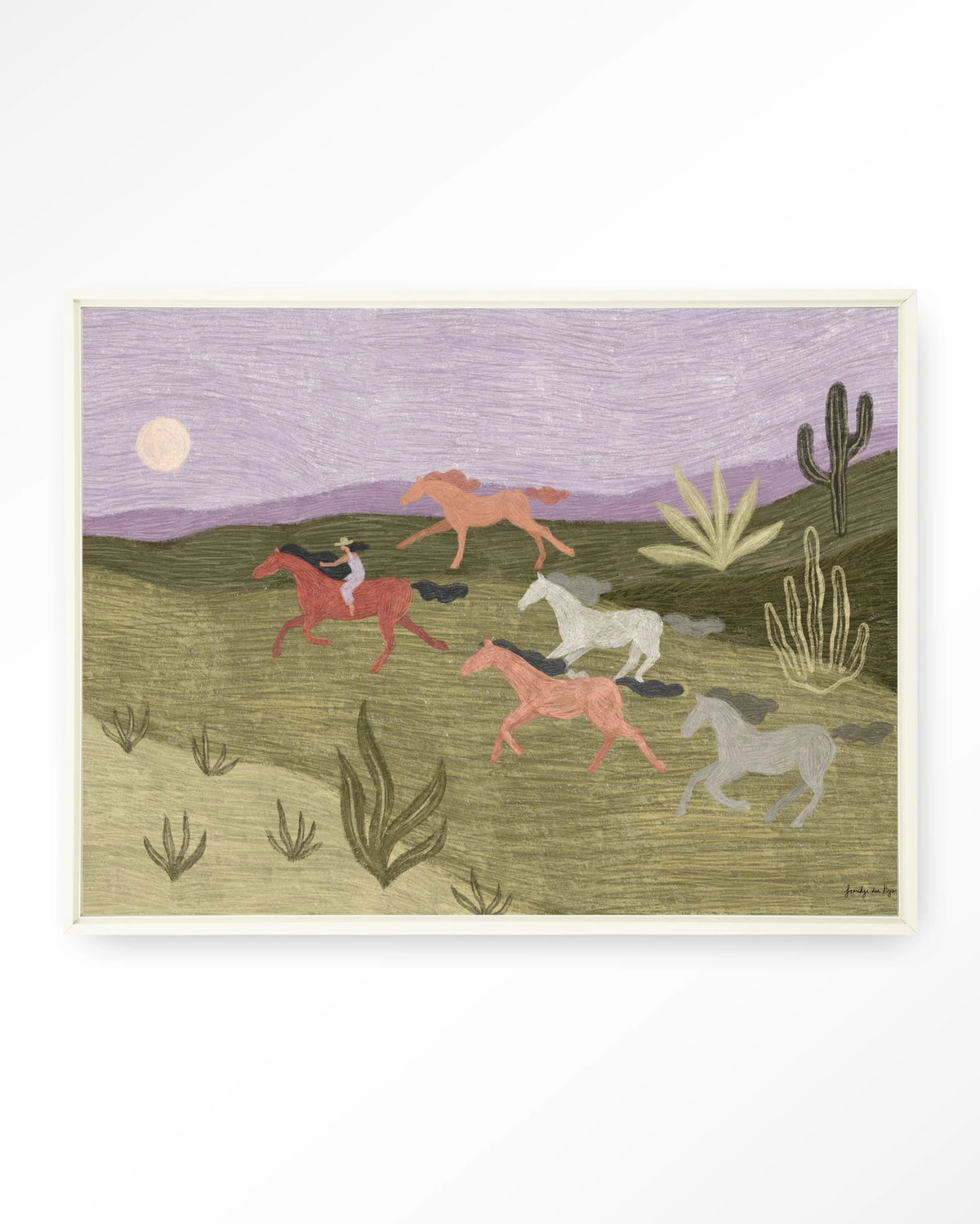 Running Horses – rennende paarden in woestijn – Wandkleed – Floating frame – wit