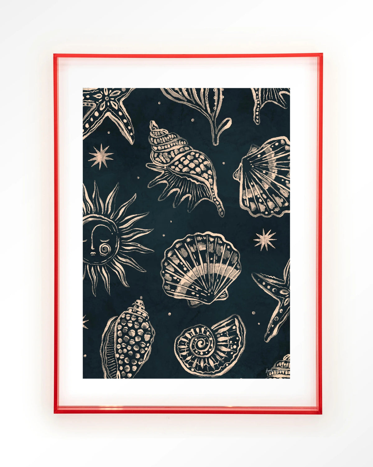 Seashells Midnight – schelpen op donkerblauw – Art print – Acryl roze