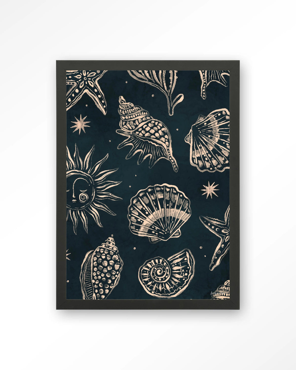 Seashells Midnight – schelpen op donkerblauw – Art print – Hout zwart