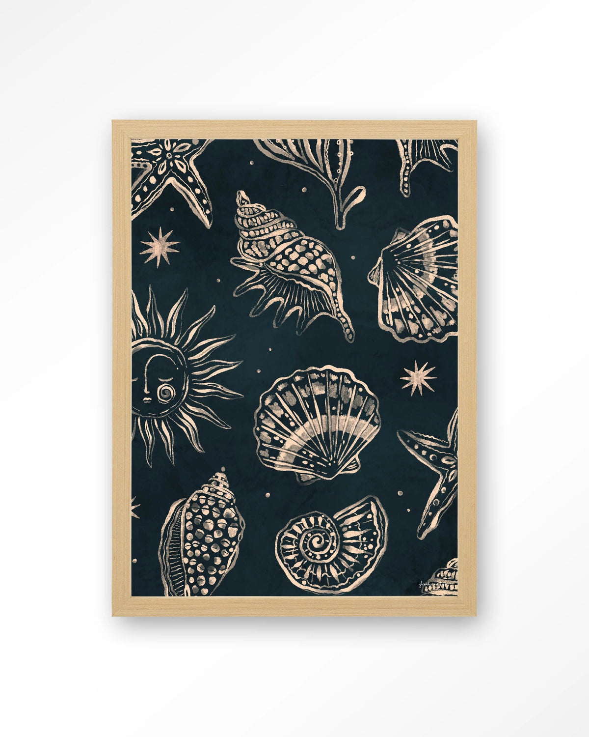 Seashells Midnight – schelpen op donkerblauw – Art print – Hout naturel