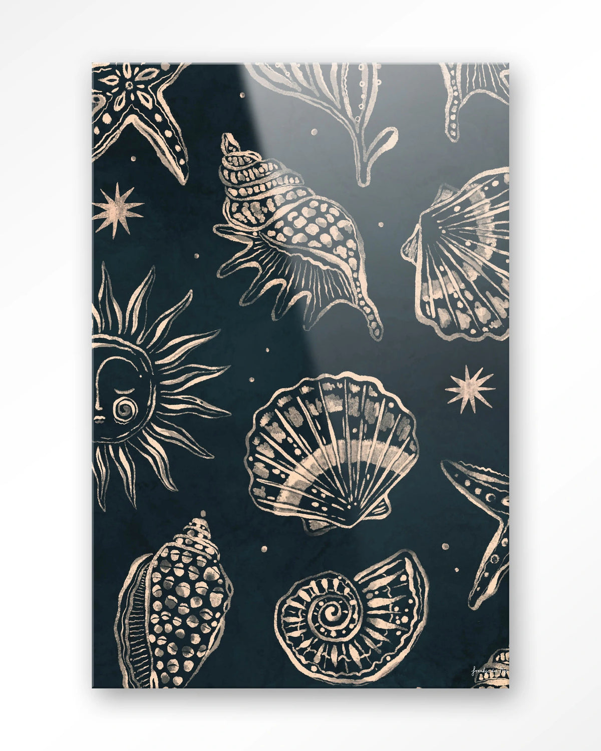 Seashells Midnight – schelpen op donkerblauw – Glas – Blinde montage