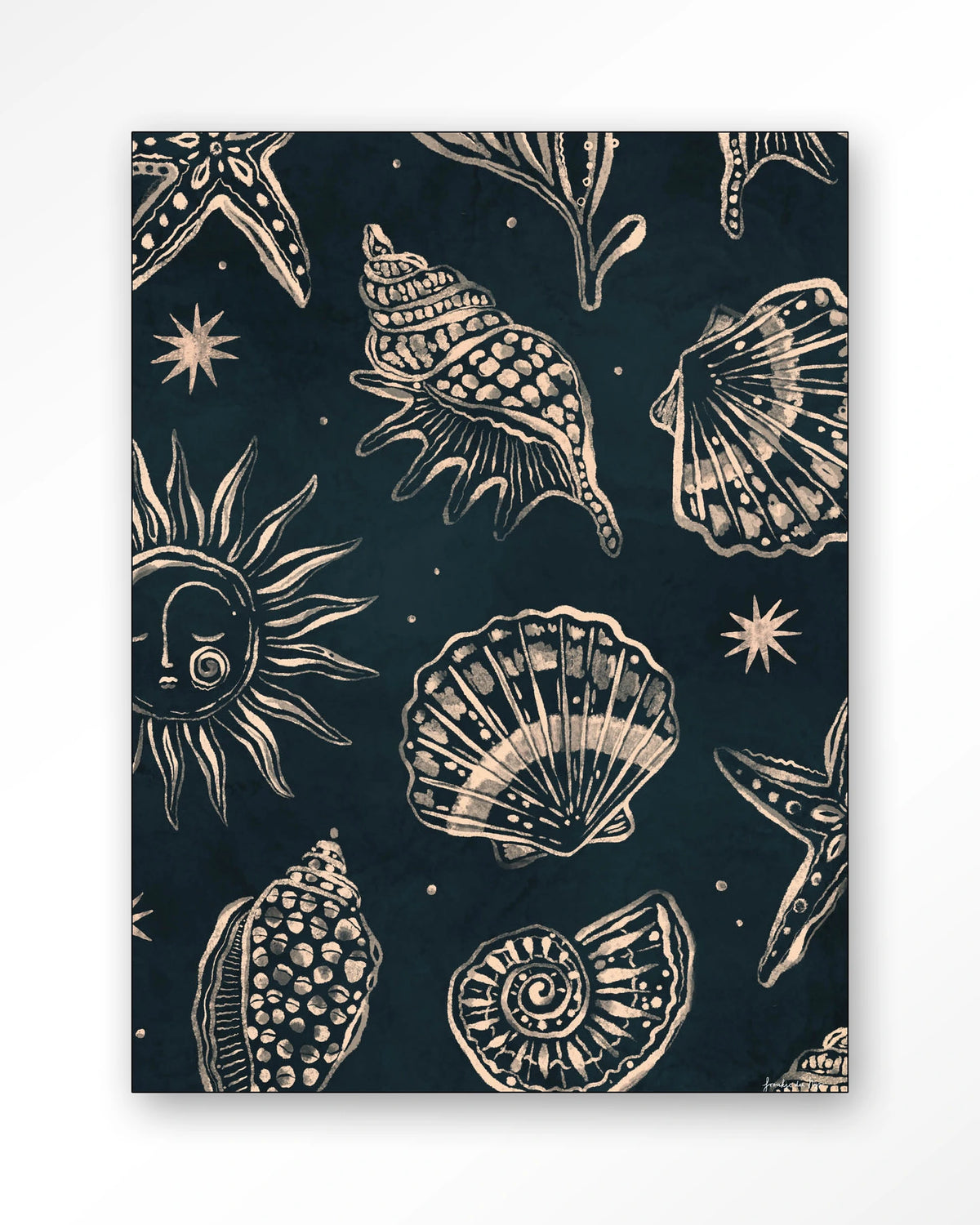 Seashells Midnight – schelpen op donkerblauw – Wandkleed – Frame – zwart