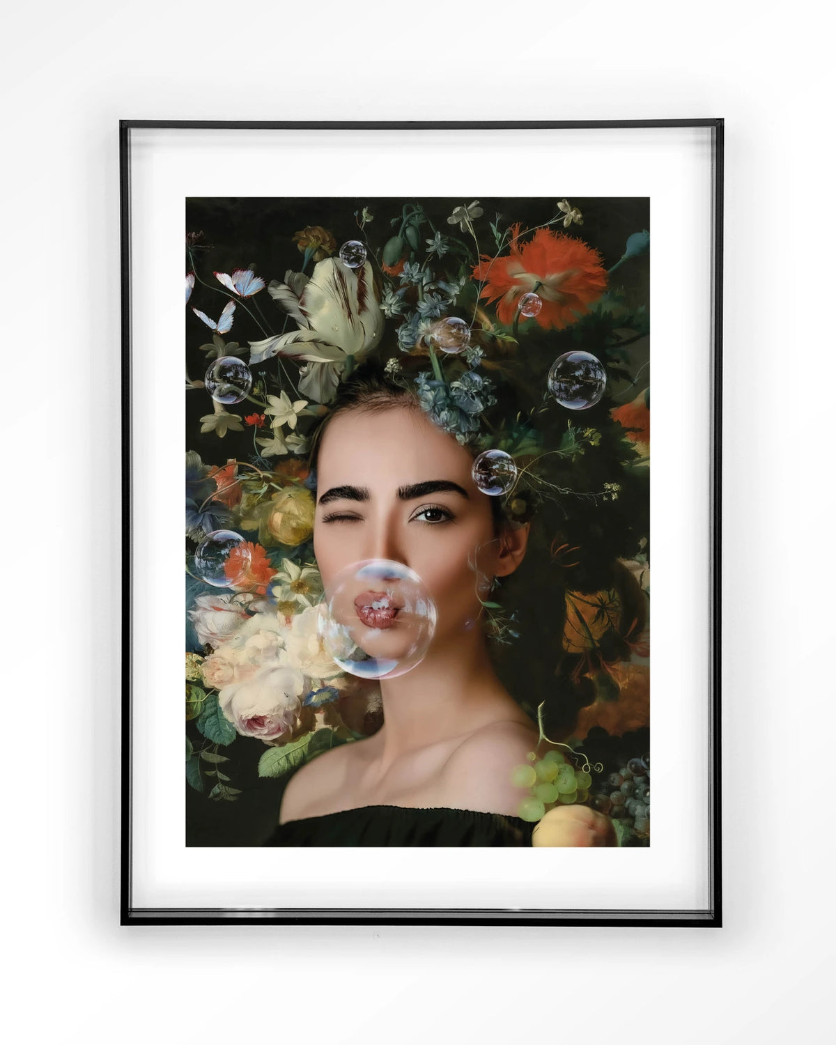 Gifts Of Nature – vrouw met bloemen en zeepbellen – Art print – Acryl zwart