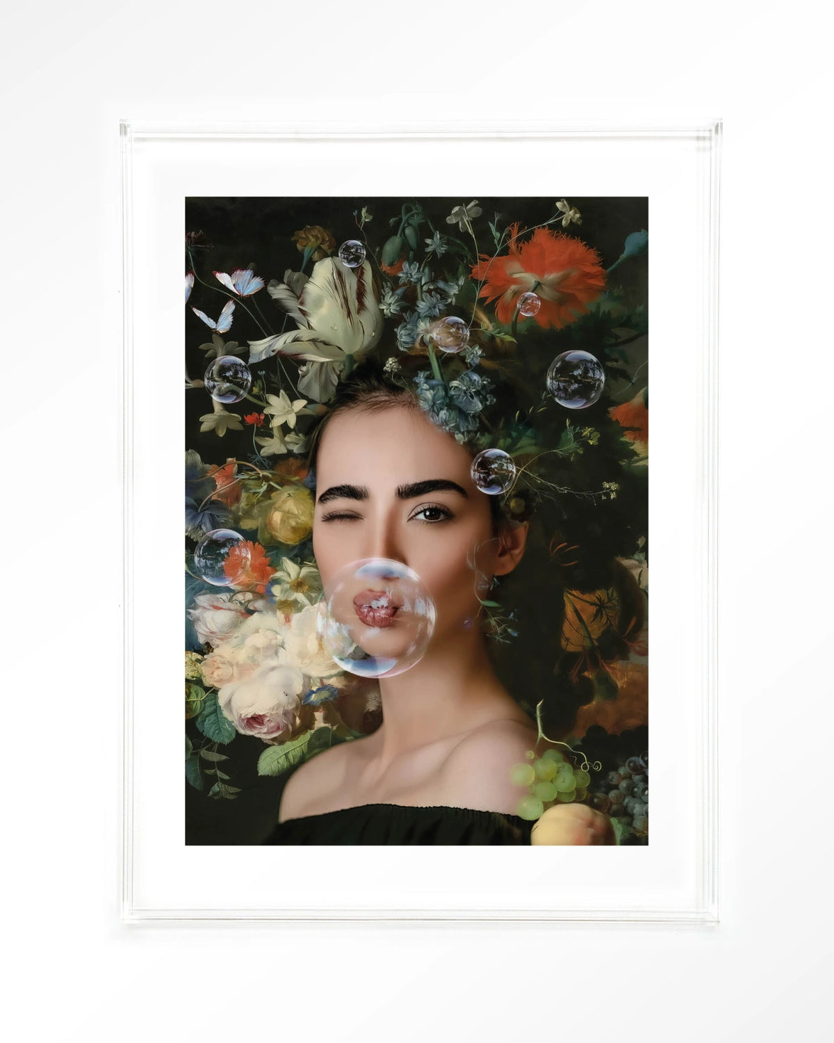 Gifts Of Nature – vrouw met bloemen en zeepbellen – Art print – Acryl doorzichtig