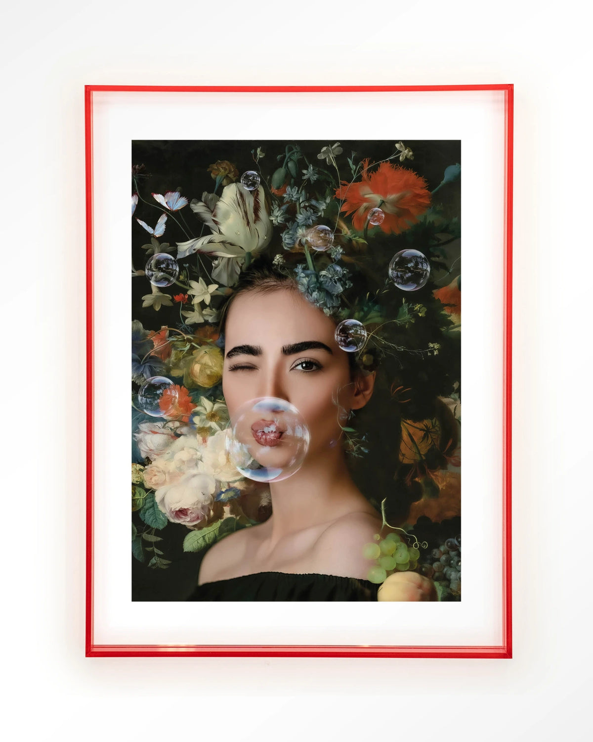Gifts Of Nature – vrouw met bloemen en zeepbellen – Art print – Acryl roze