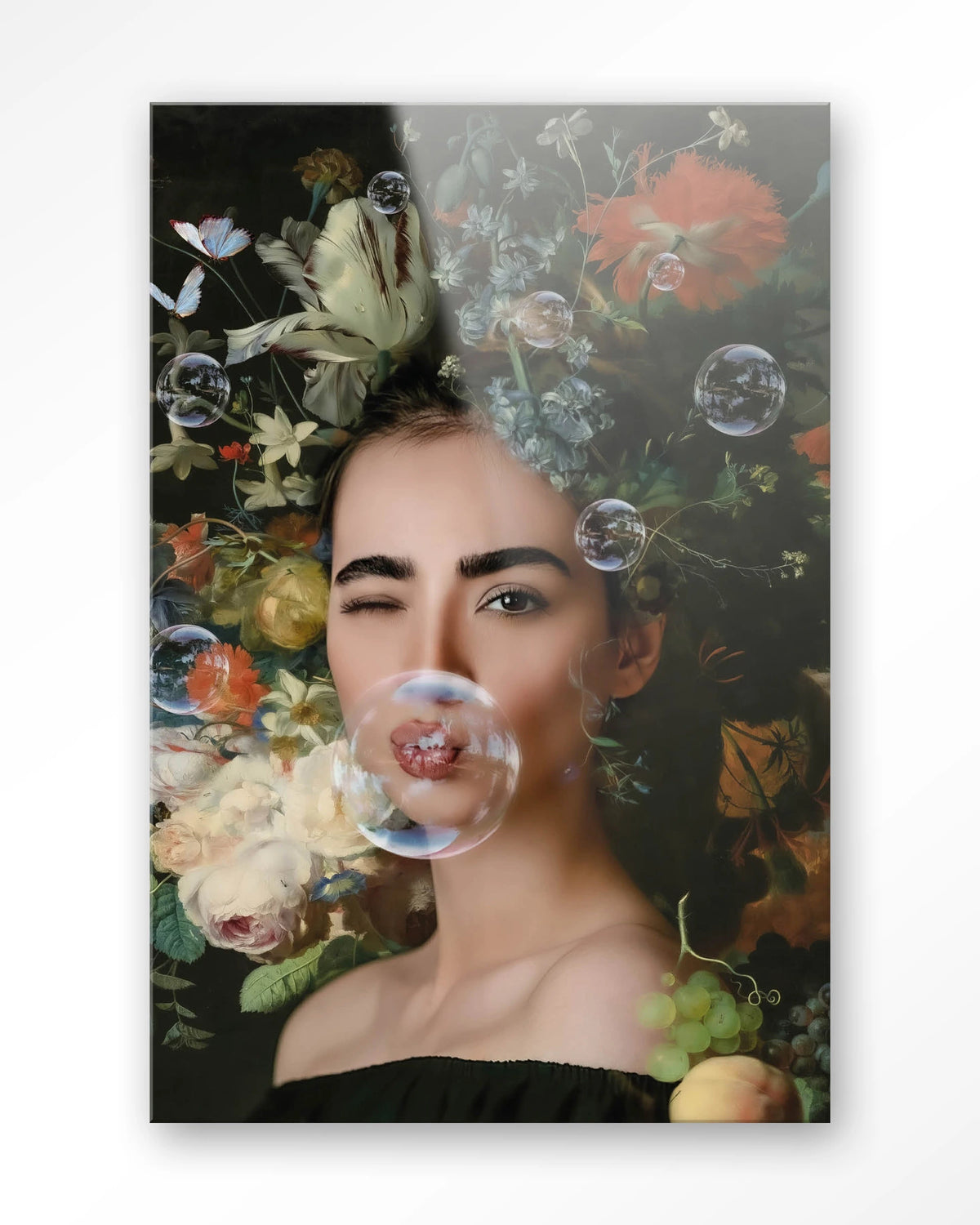 Gifts Of Nature – vrouw met bloemen en zeepbellen – Glas – Blinde montage