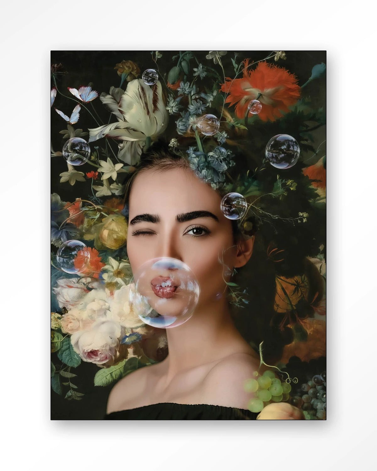 Gifts Of Nature – vrouw met bloemen en zeepbellen – Wandkleed – Frame – zwart