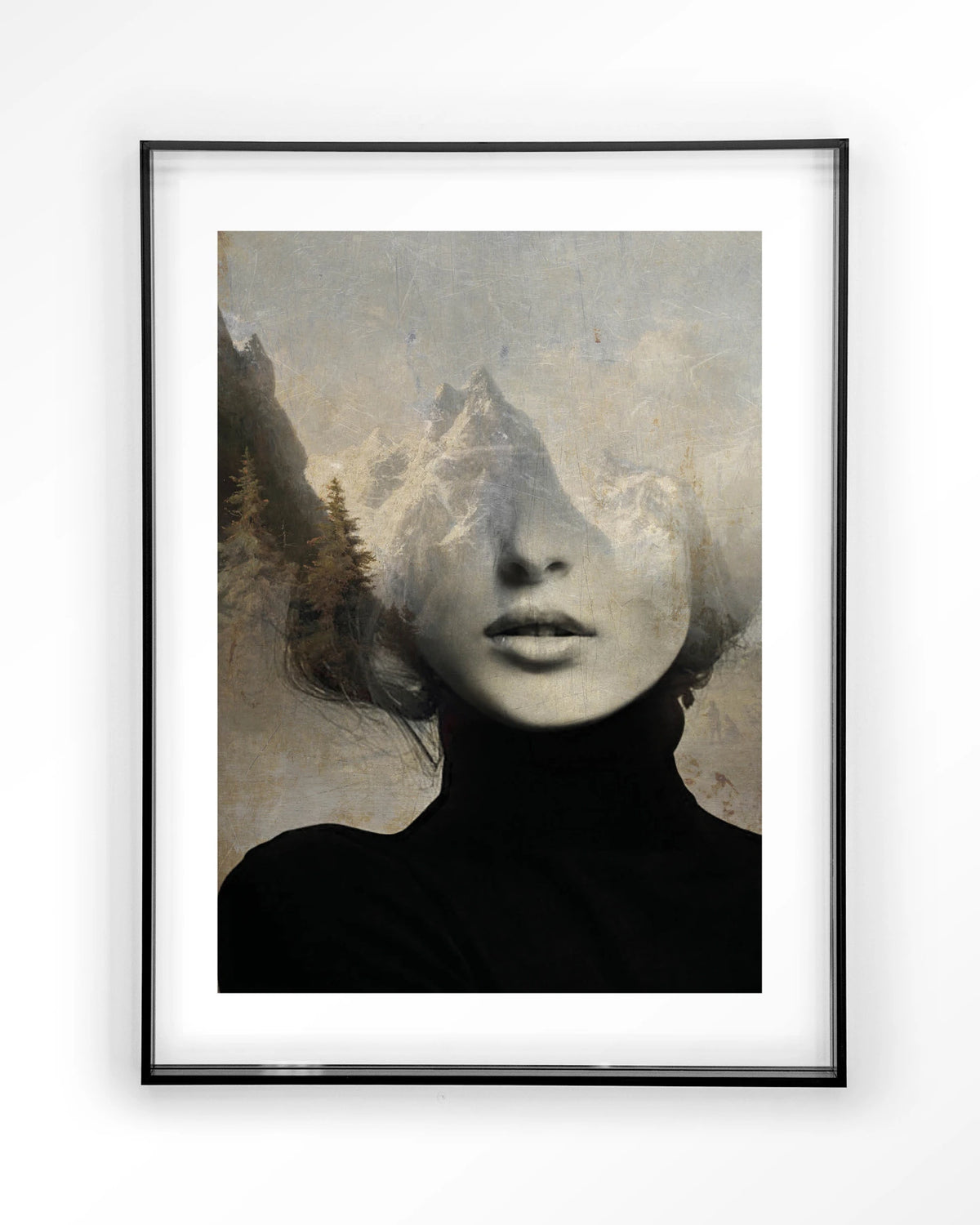 Head In The Sky – vrouw met bergen in haar – Art print – Acryl zwart