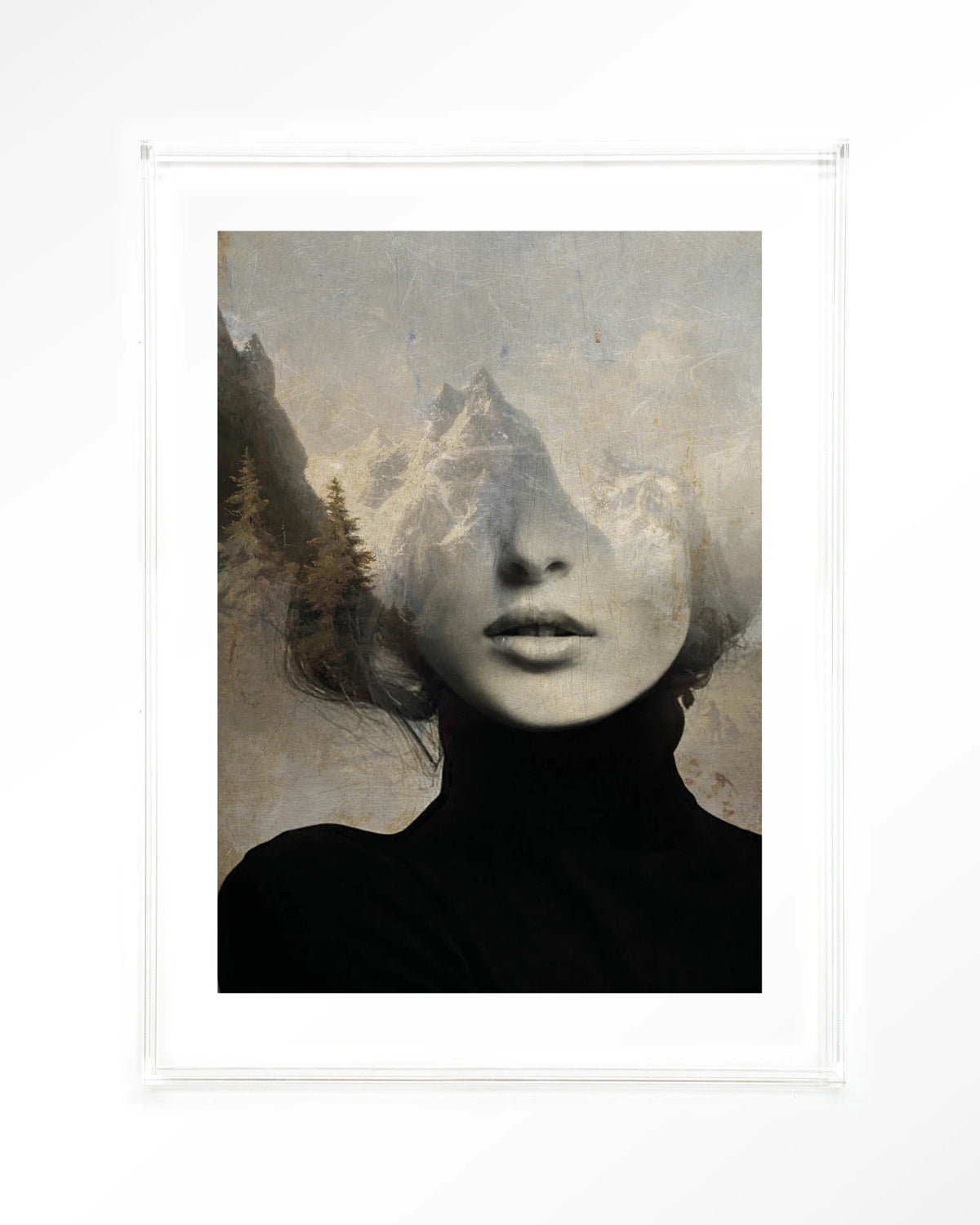 Head In The Sky – vrouw met bergen in haar – Art print – Acryl doorzichtig