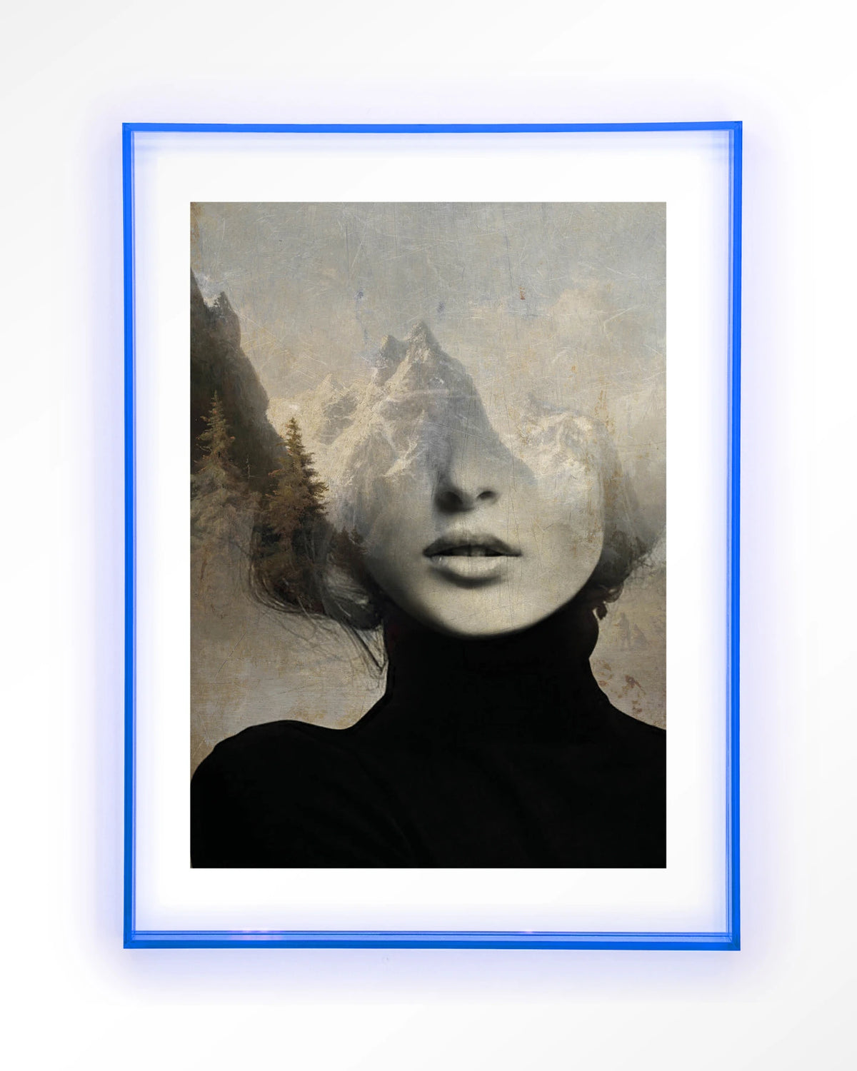 Head In The Sky – vrouw met bergen in haar – Art print – Acryl lichtblauw