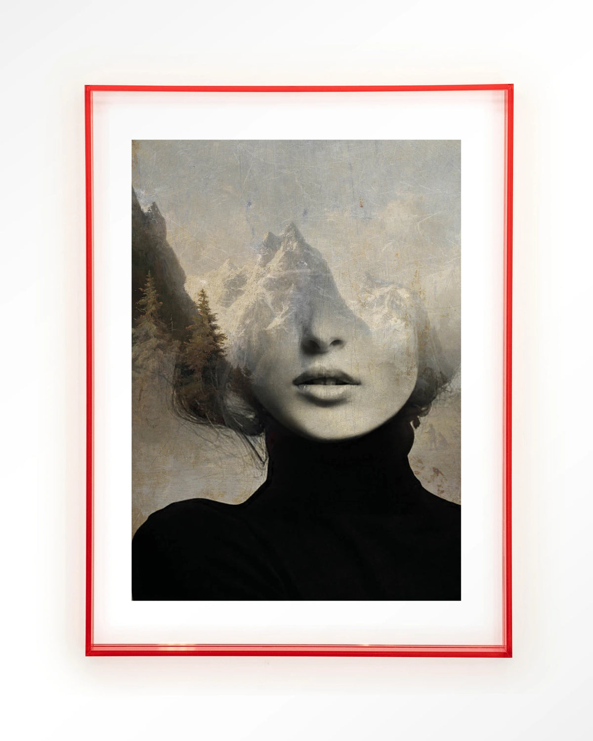 Head In The Sky – vrouw met bergen in haar – Art print – Acryl roze