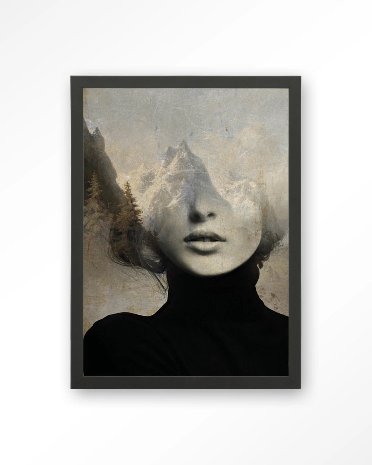 Head In The Sky – vrouw met bergen in haar – Art print – Hout zwart