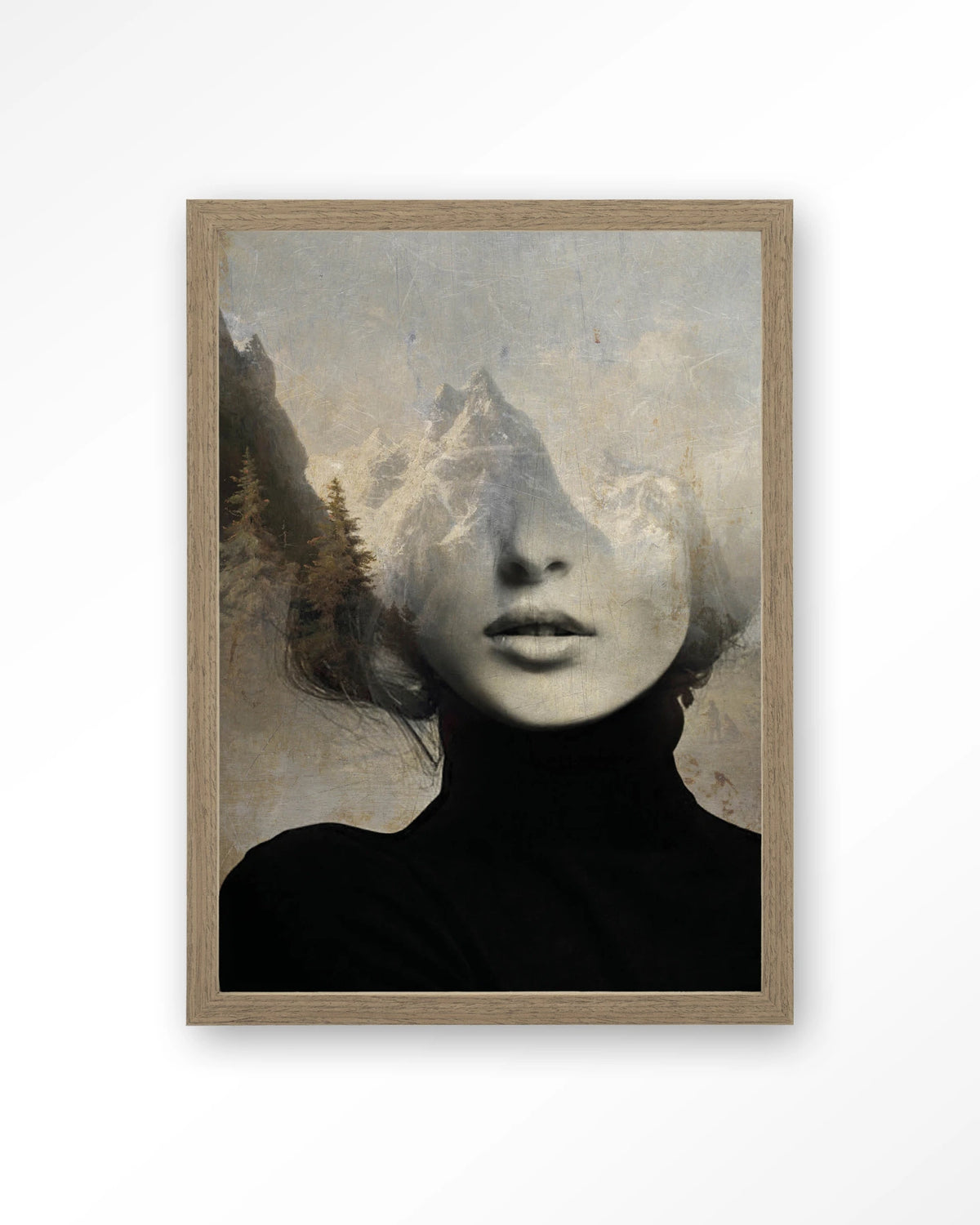 Head In The Sky – vrouw met bergen in haar – Art print – Hout bruin