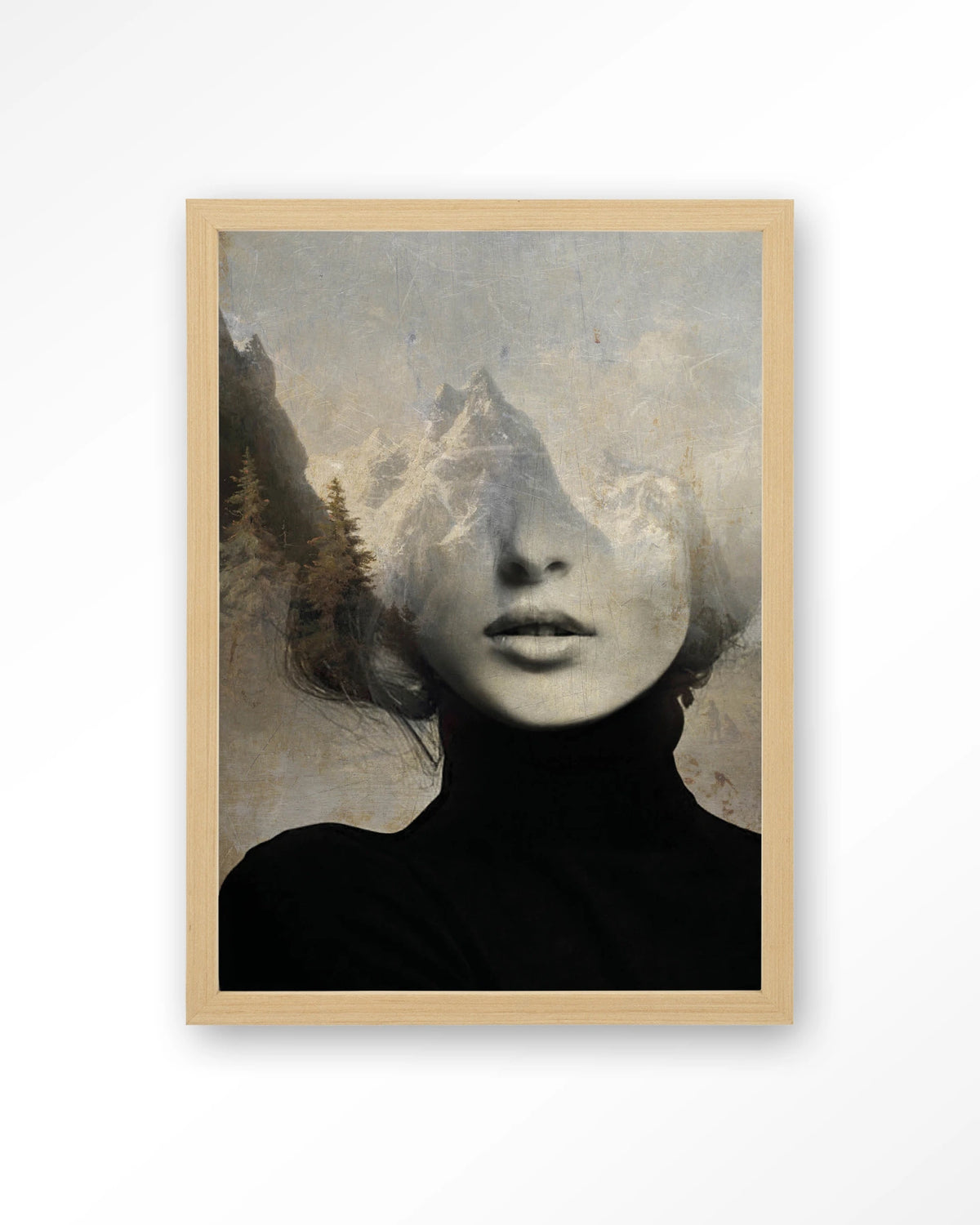 Head In The Sky – vrouw met bergen in haar – Art print – Hout naturel
