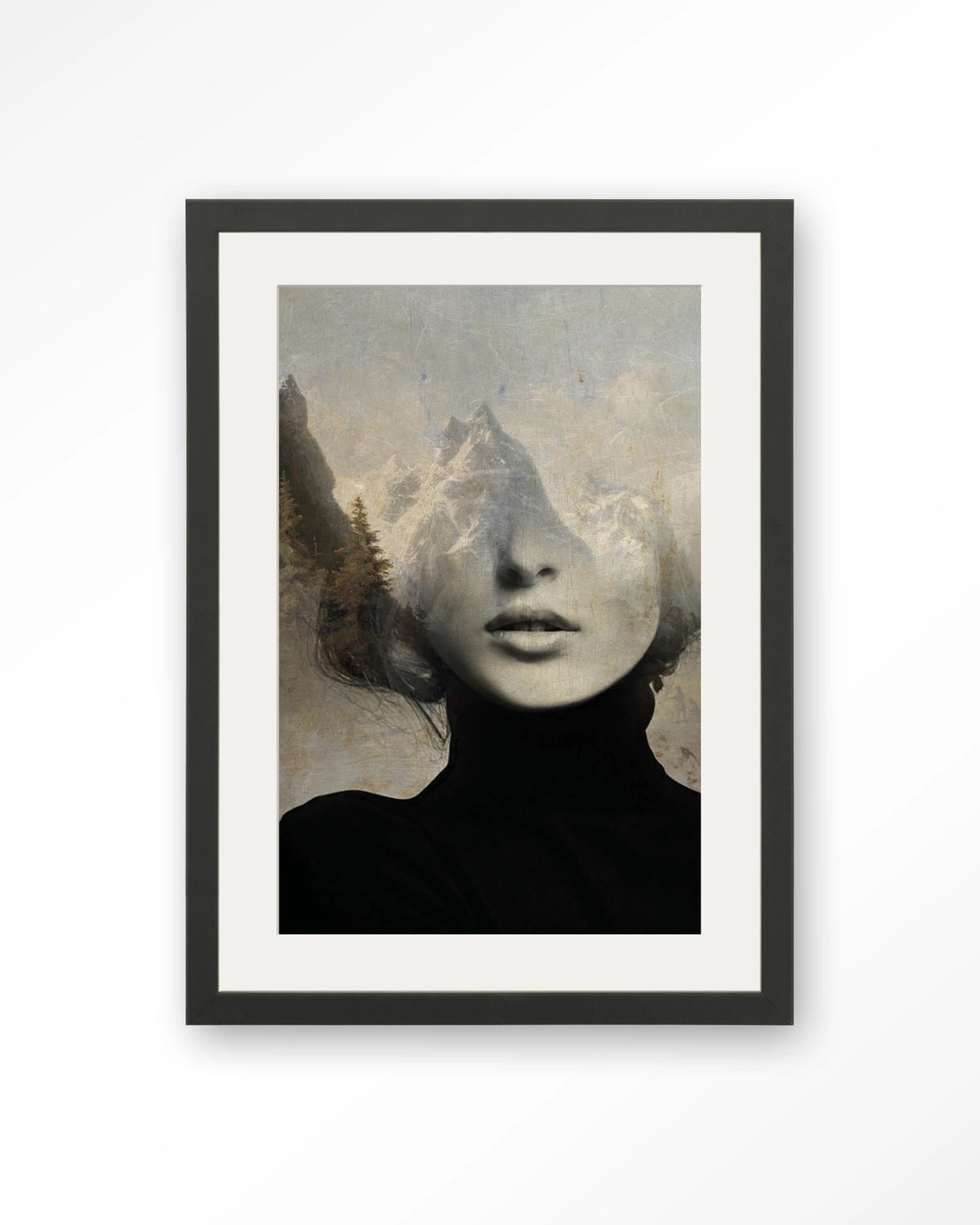 Head In The Sky – vrouw met bergen in haar – Art print – Hout zwart + passe-partout