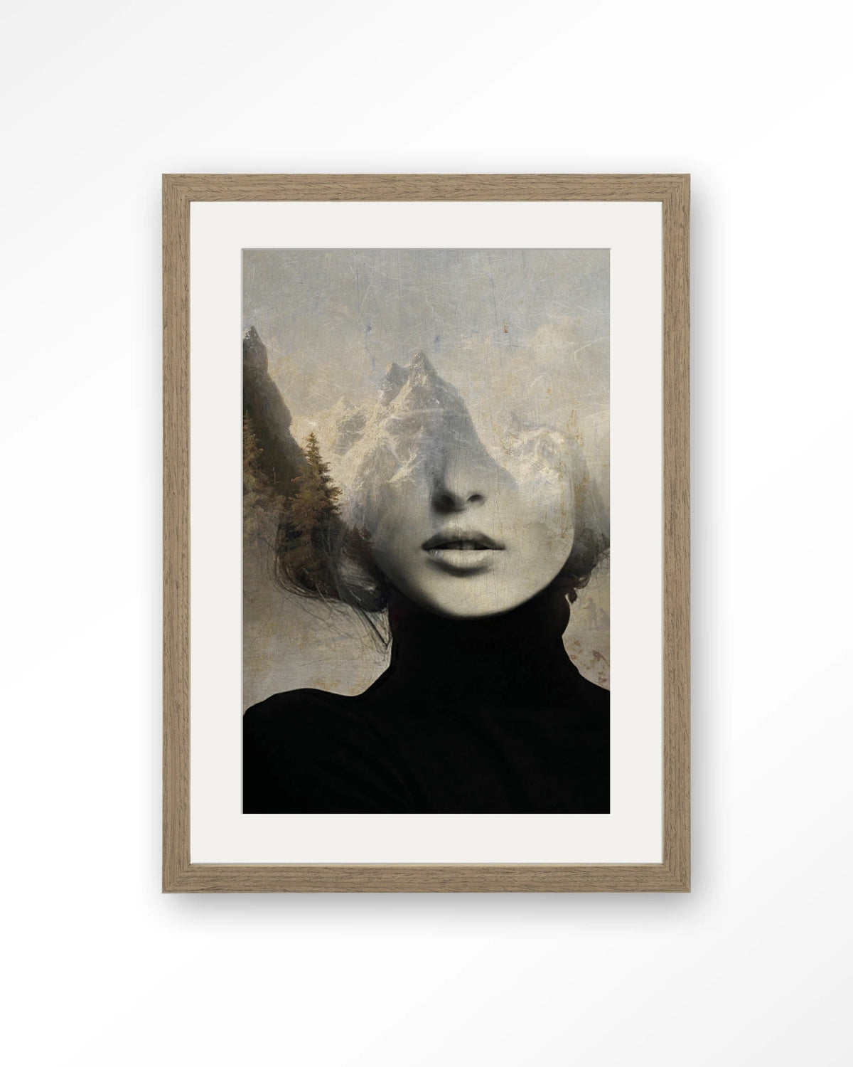 Head In The Sky – vrouw met bergen in haar – Art print – Hout bruin + passe-partout