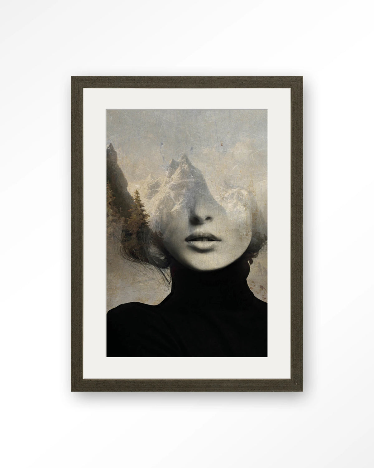 Head In The Sky – vrouw met bergen in haar – Art print – Hout donkerbruin + passe-partout