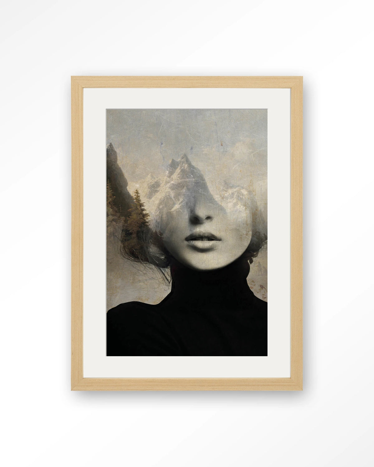 Head In The Sky – vrouw met bergen in haar – Art print – Hout naturel + passe-partout