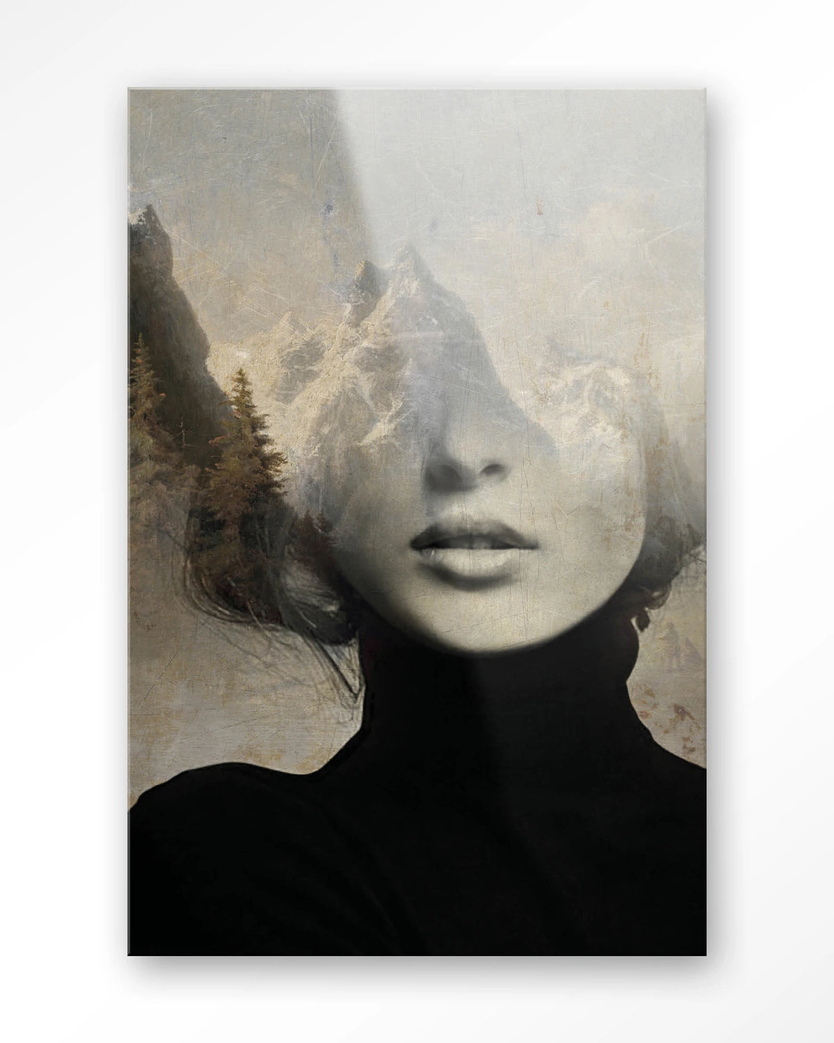 Head In The Sky – vrouw met bergen in haar – Glas – Blinde montage