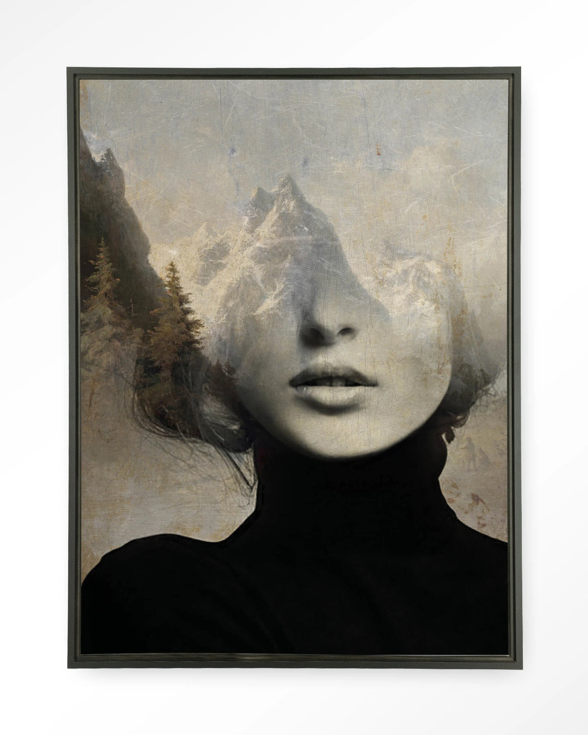 Head In The Sky – vrouw met bergen in haar – Wandkleed – Floating frame – zwart