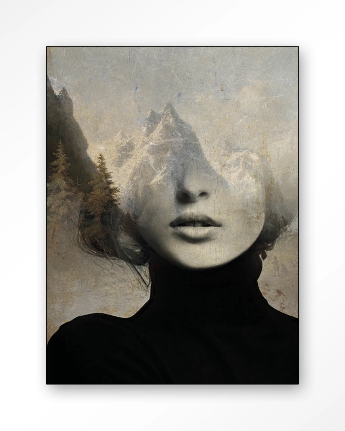 Head In The Sky – vrouw met bergen in haar – Wandkleed – Frame – zwart