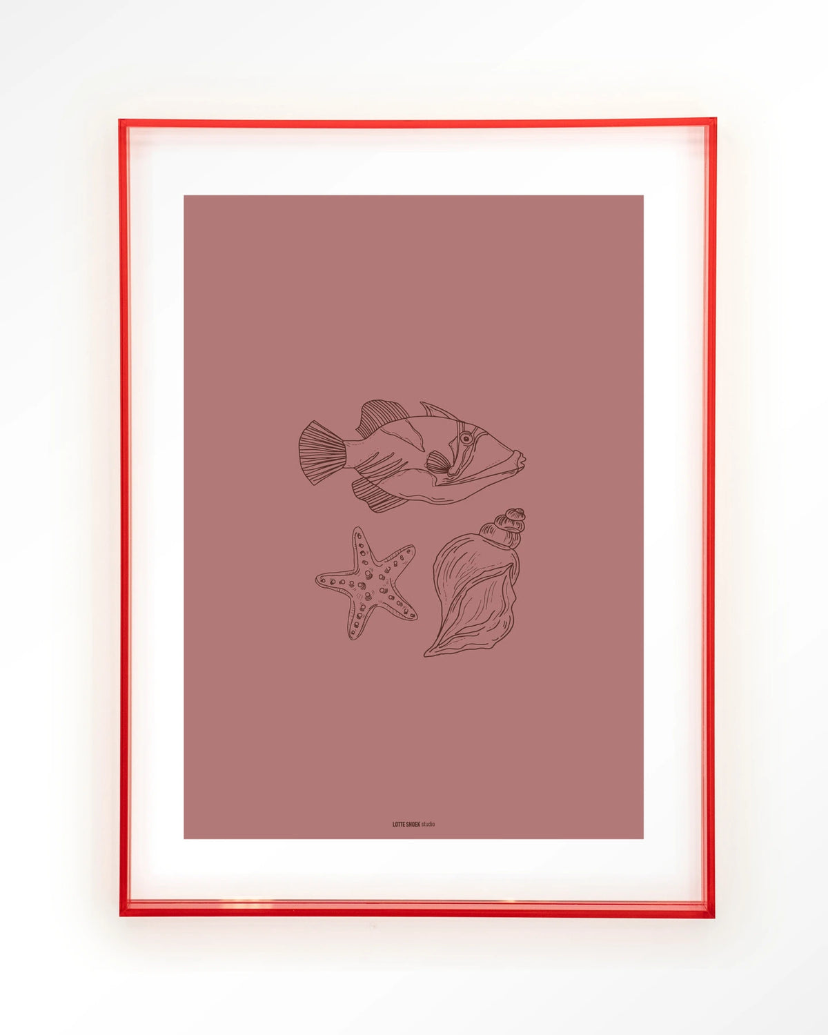 Tres Pisces – vis, zeester en schelp lijntekening – Art print – Acryl roze