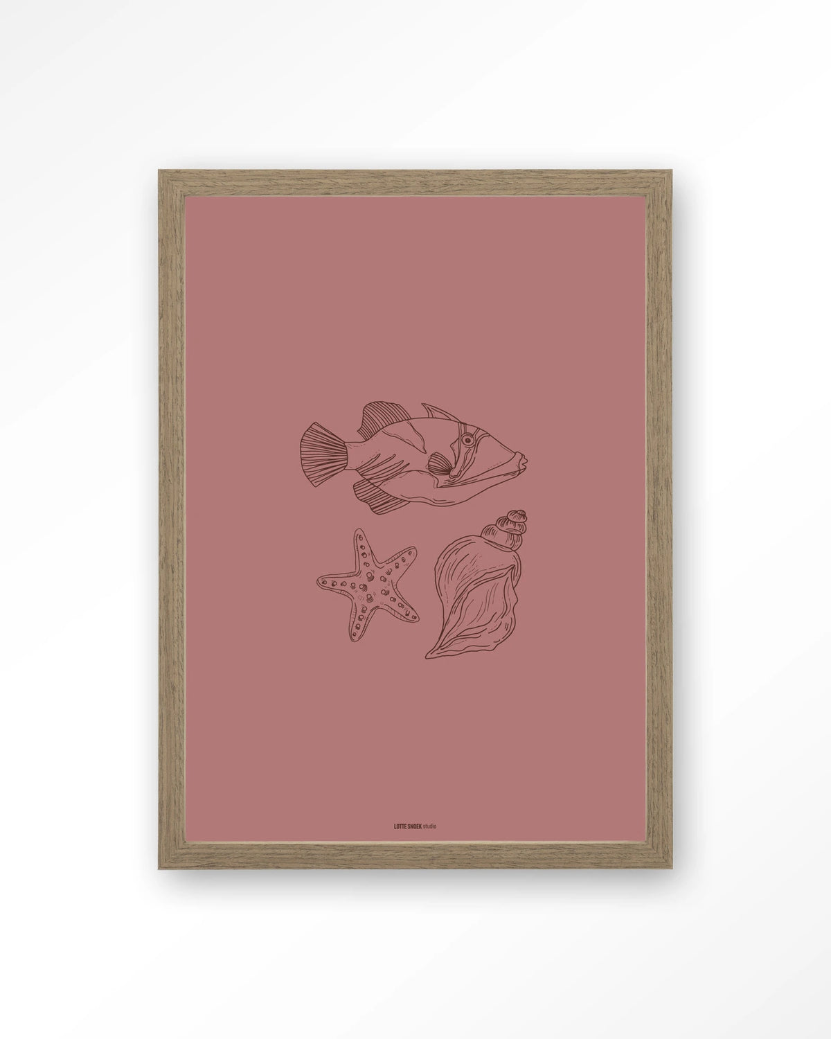 Tres Pisces – vis, zeester en schelp lijntekening – Art print – Hout bruin