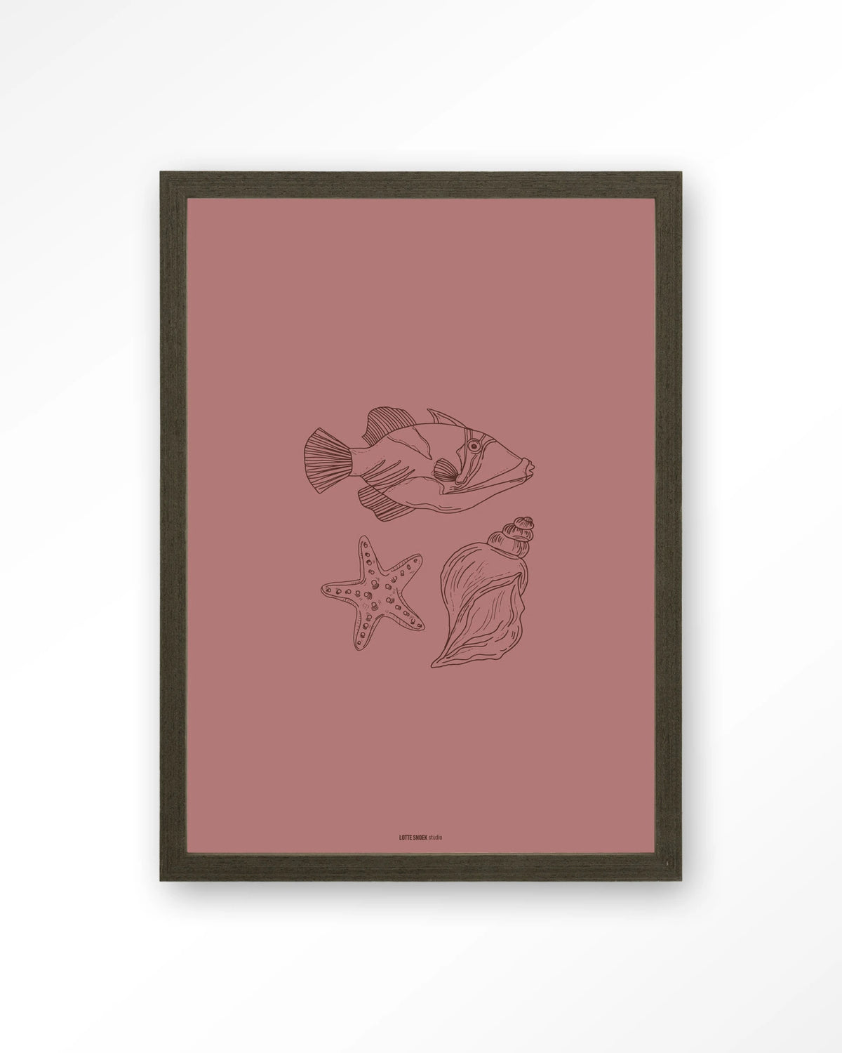 Tres Pisces – vis, zeester en schelp lijntekening – Art print – Hout donkerbruin