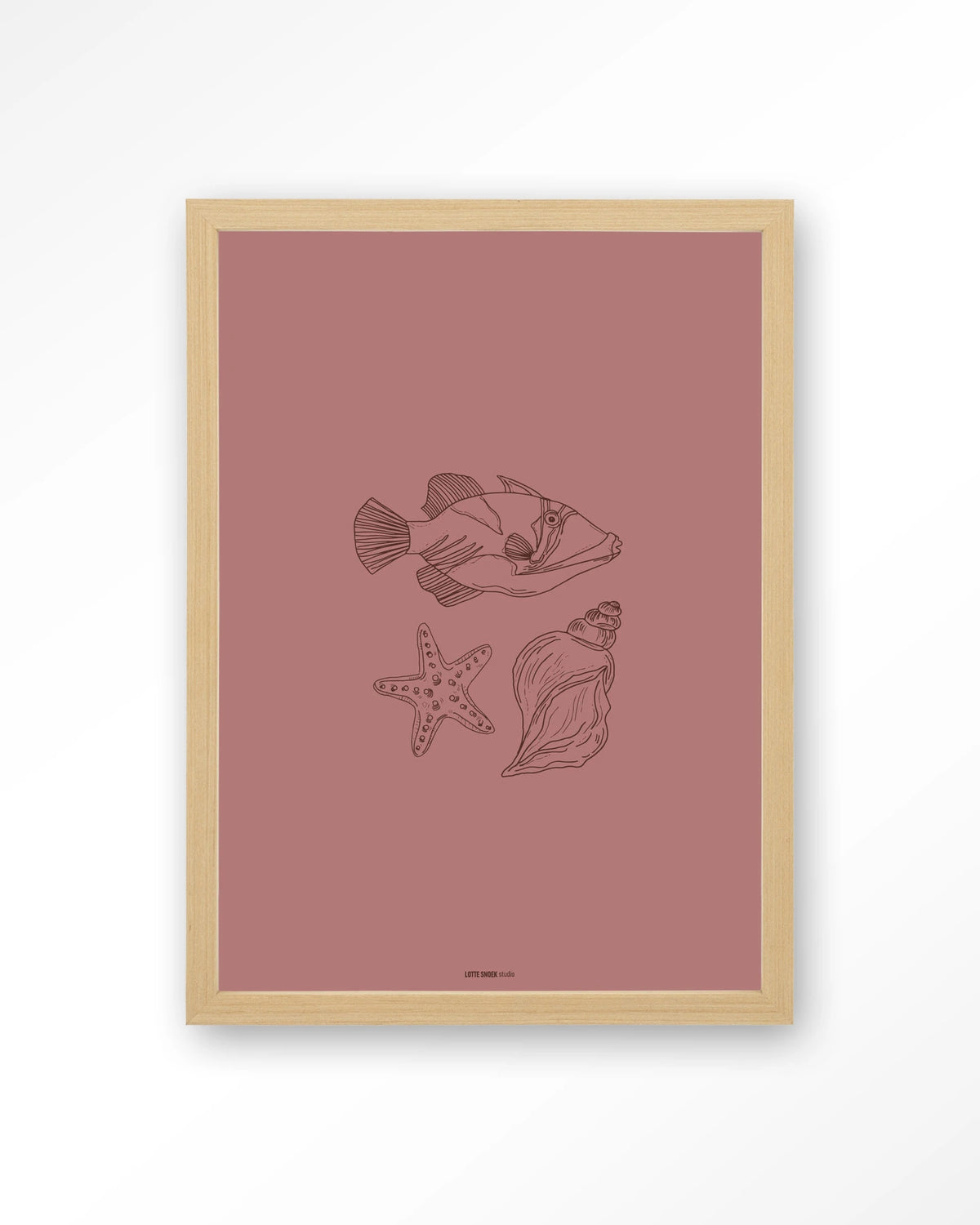 Tres Pisces – vis, zeester en schelp lijntekening – Art print – Hout naturel