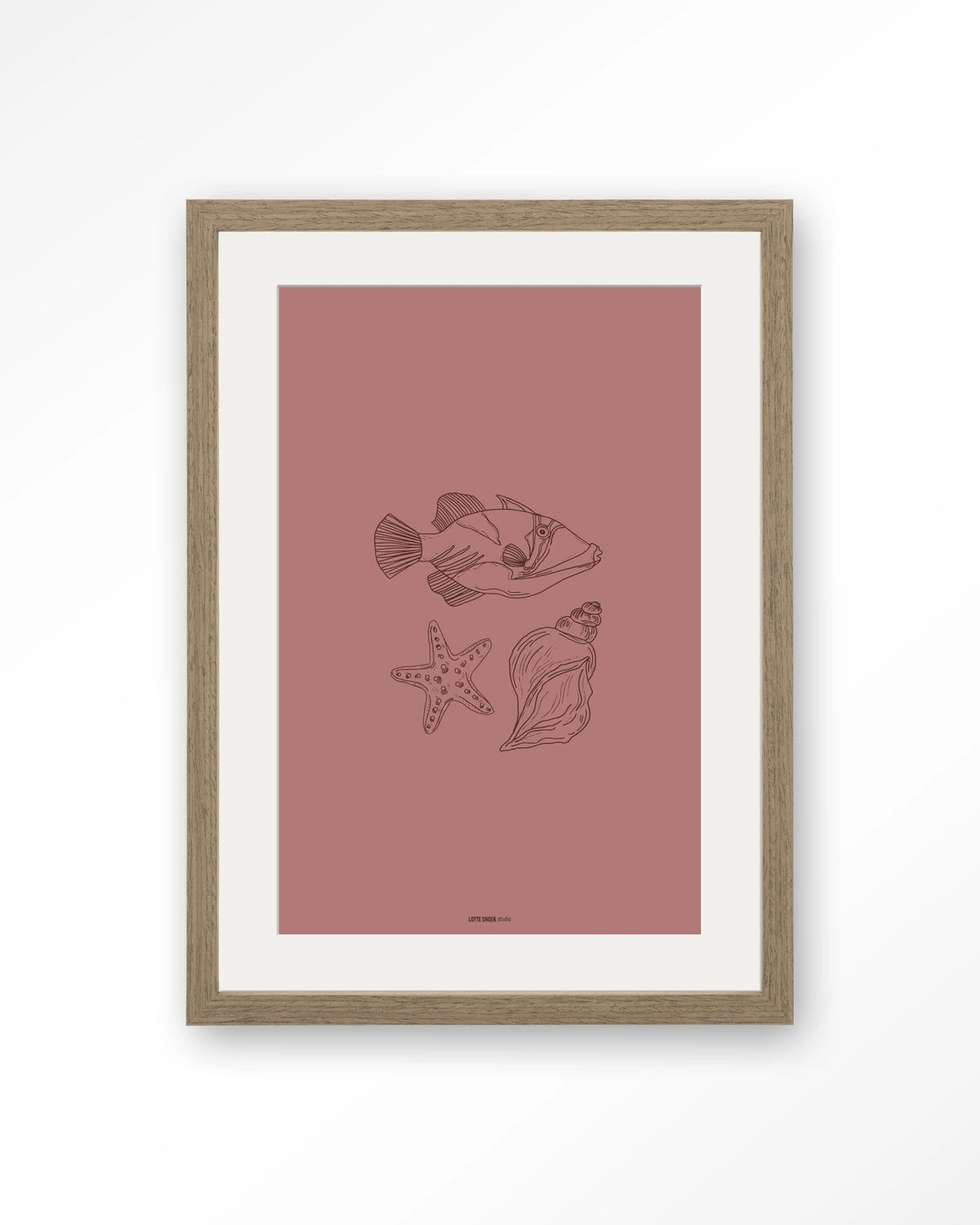Tres Pisces – vis, zeester en schelp lijntekening – Art print – Hout bruin + passe-partout