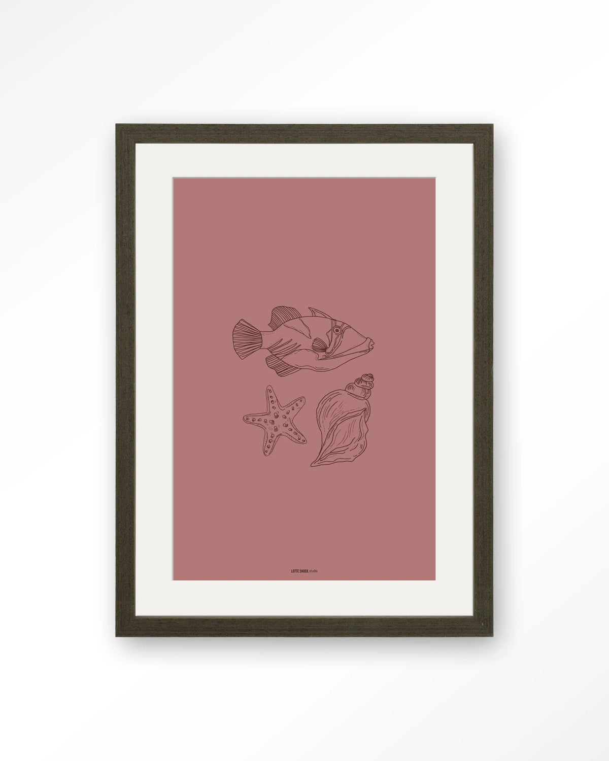 Tres Pisces – vis, zeester en schelp lijntekening – Art print – Hout donkerbruin + passe-partout