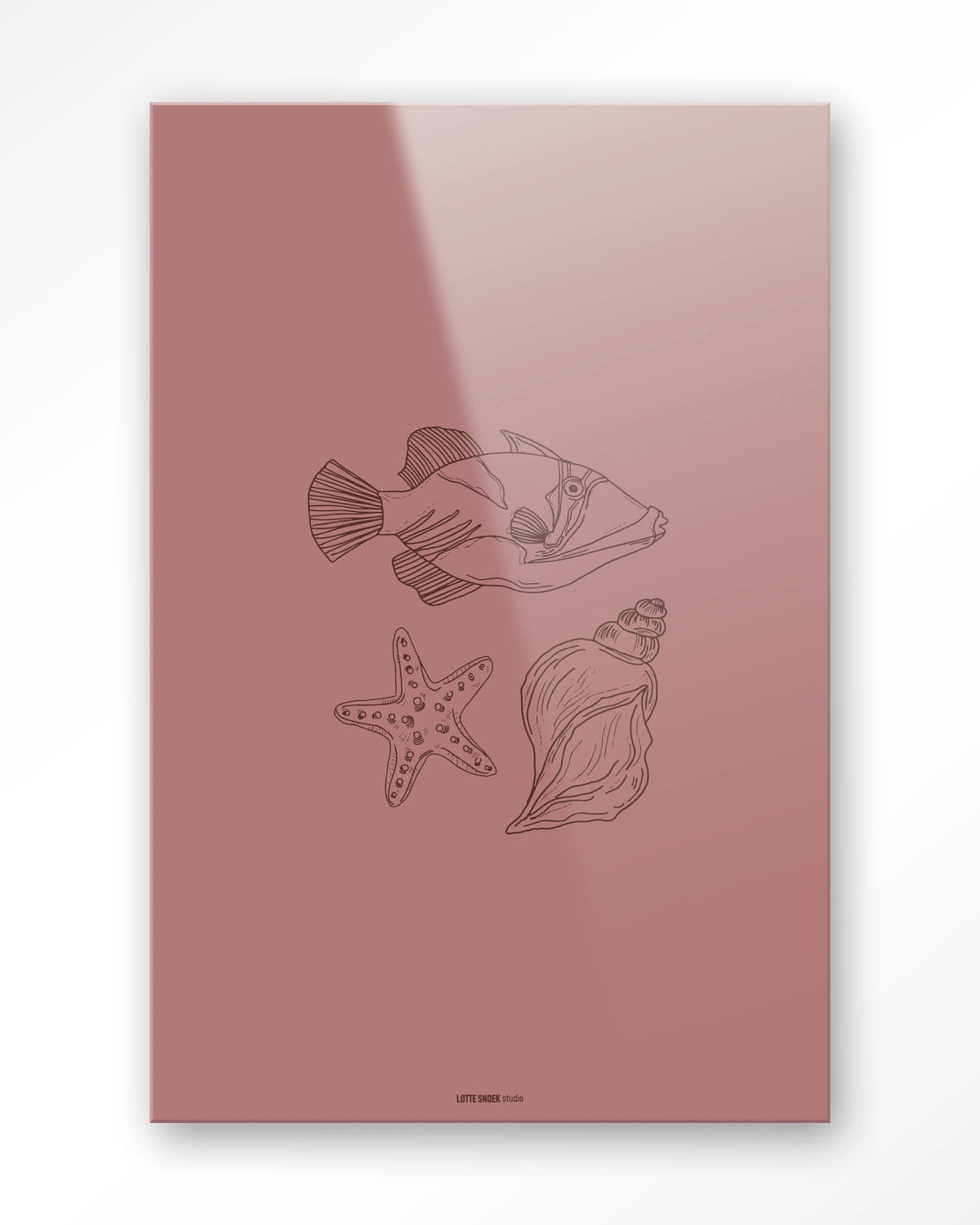Tres Pisces – vis, zeester en schelp lijntekening – Glas – Blinde montage