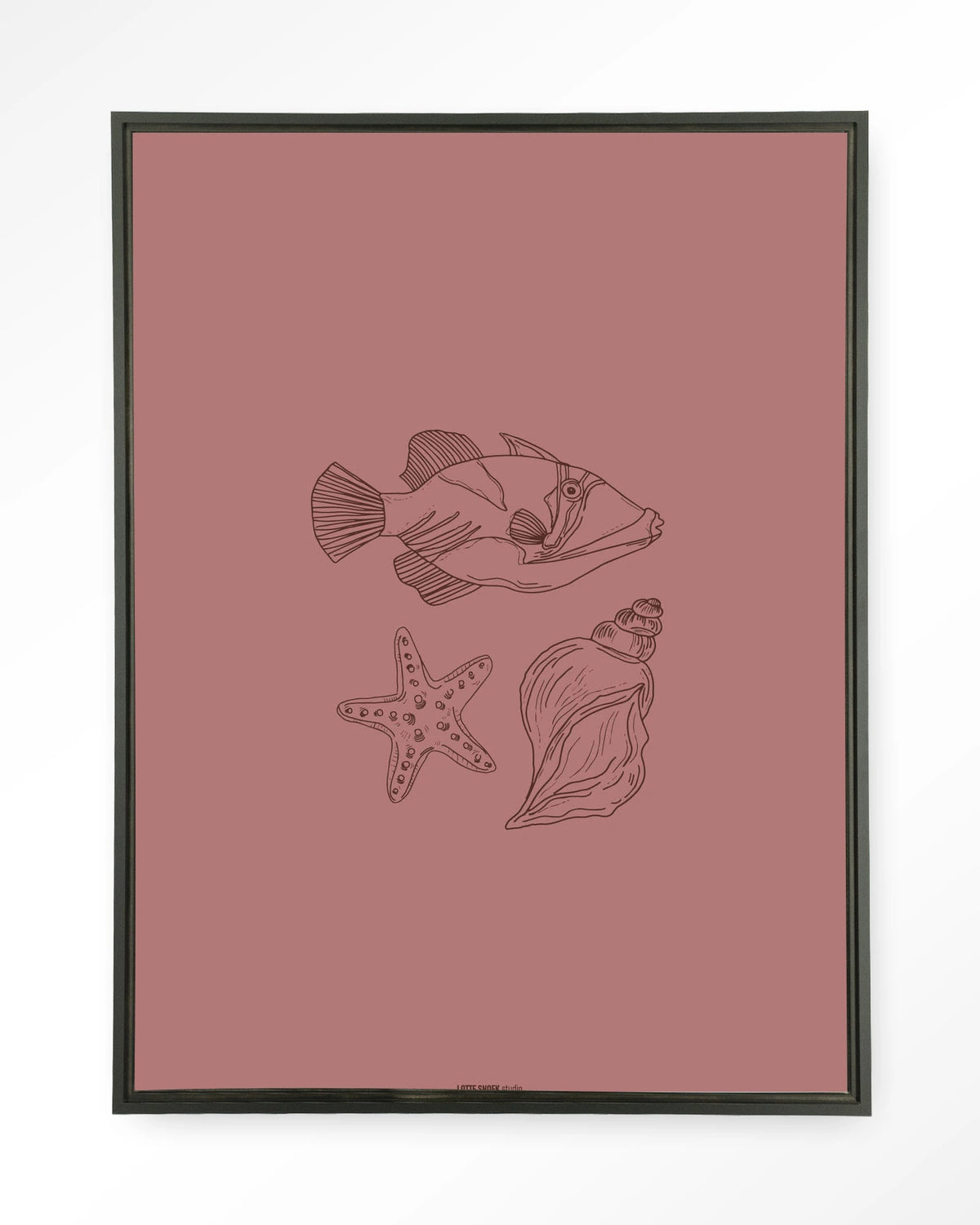 Tres Pisces – vis, zeester en schelp lijntekening – Wandkleed – Floating frame – zwart