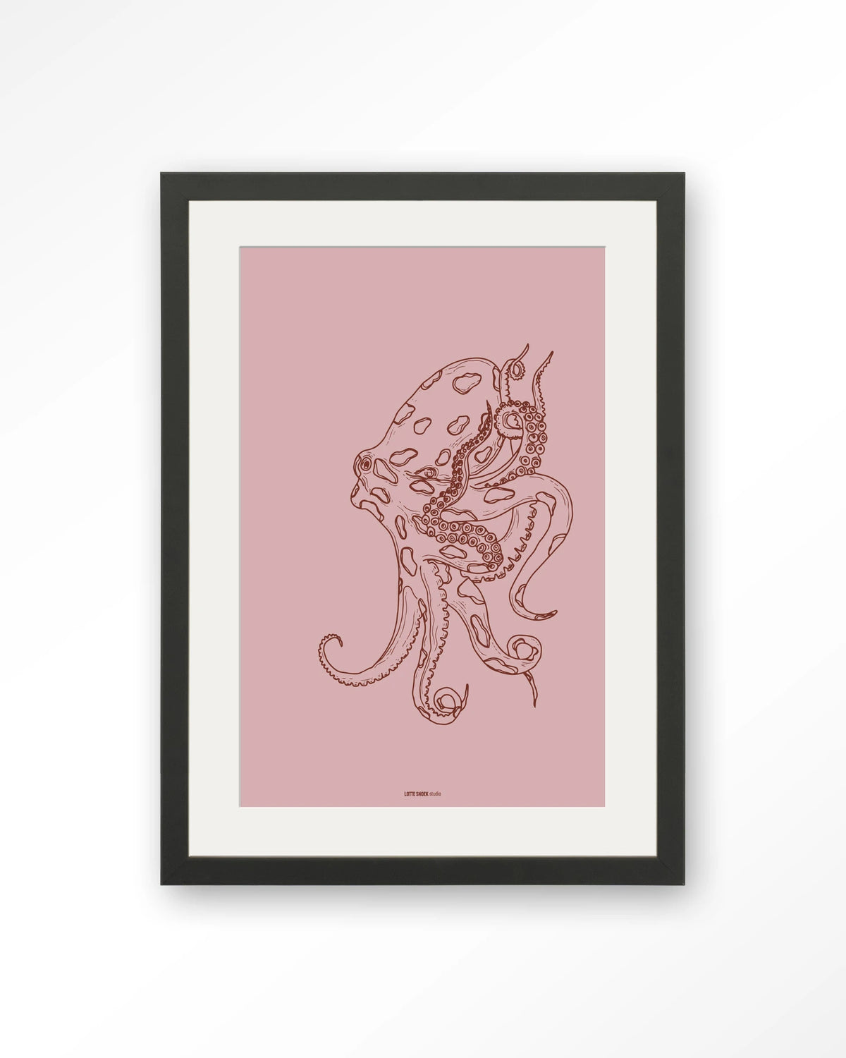 Polypus – octopus in lijntekening – Art print – Hout zwart + passe-partout