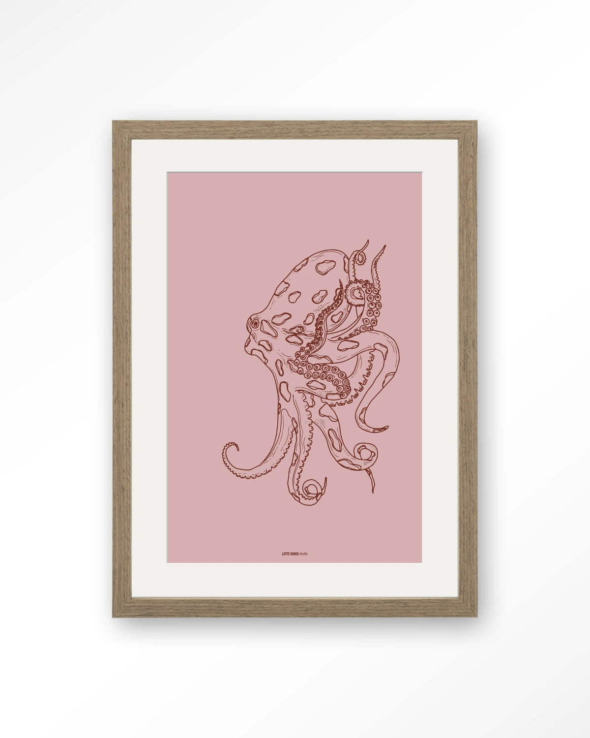 Polypus – octopus in lijntekening – Art print – Hout bruin + passe-partout