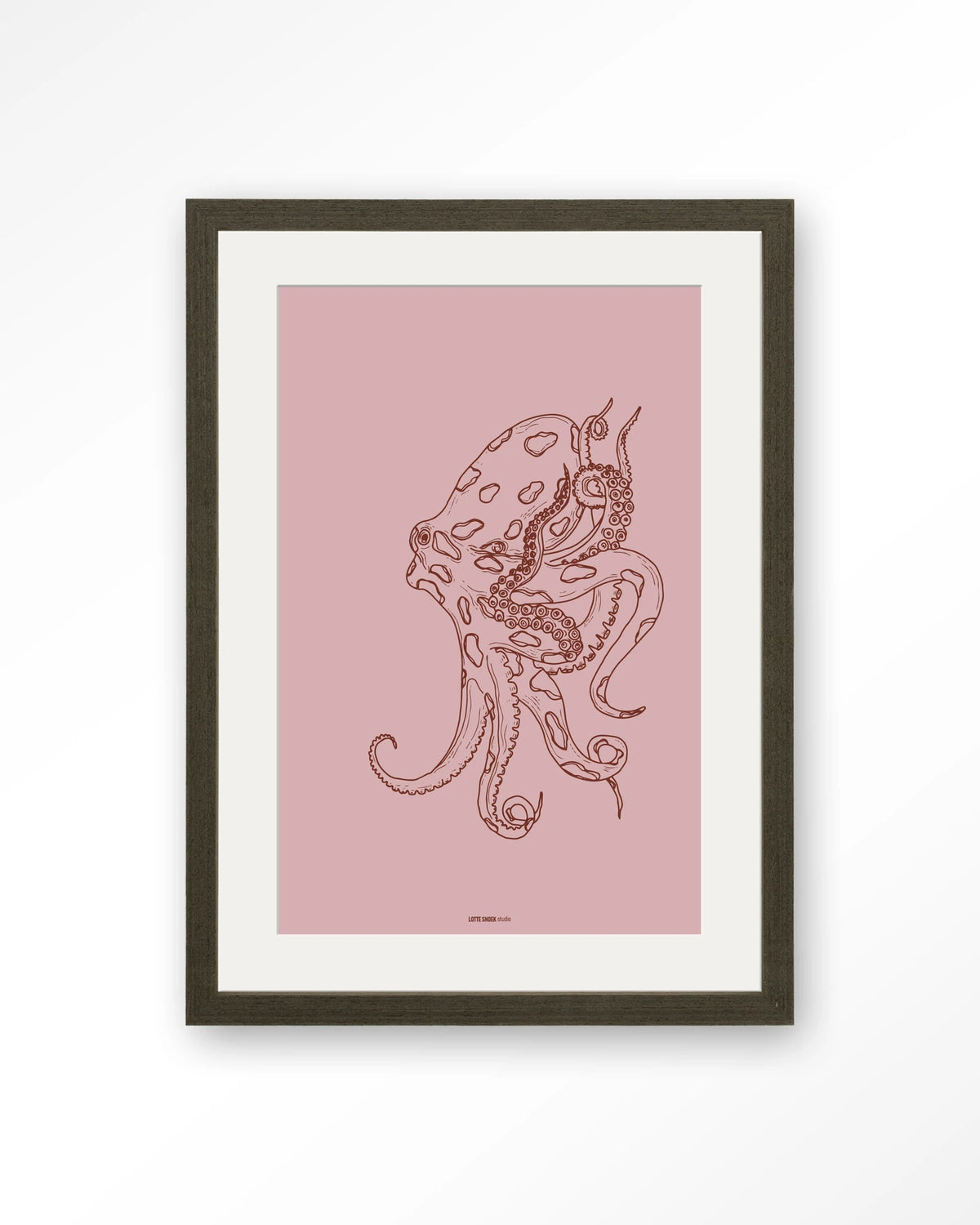 Polypus – octopus in lijntekening – Art print – Hout donkerbruin + passe-partout