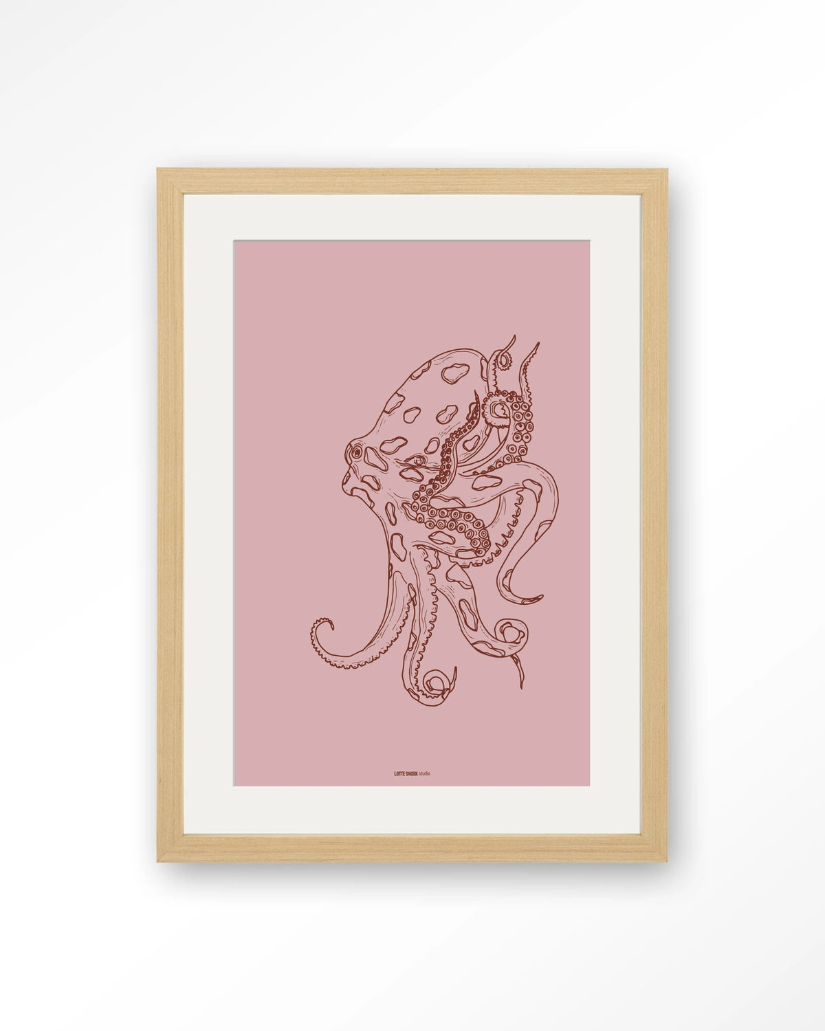 Polypus – octopus in lijntekening – Art print – Hout naturel + passe-partout
