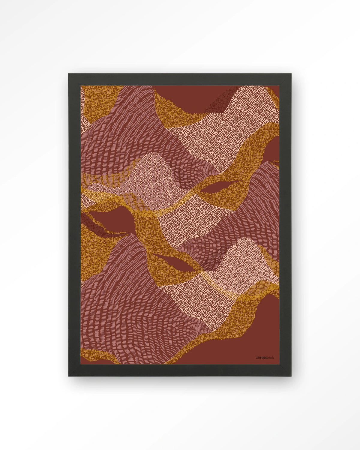 La Ondas – abstract golvend patroon in rood en oker – Art print – Hout zwart