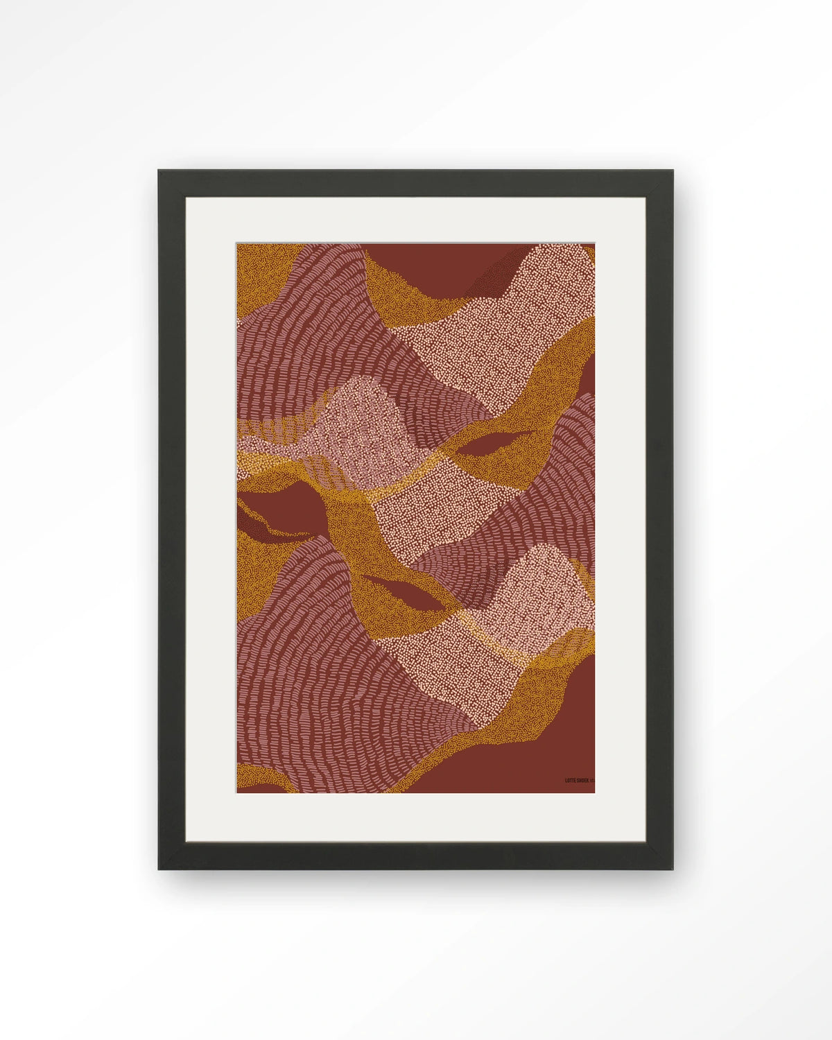 La Ondas – abstract golvend patroon in rood en oker – Art print – Hout zwart + passe-partout