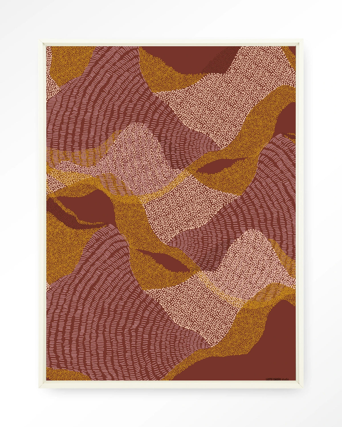 La Ondas – abstract golvend patroon in rood en oker – Wandkleed – Floating frame – wit